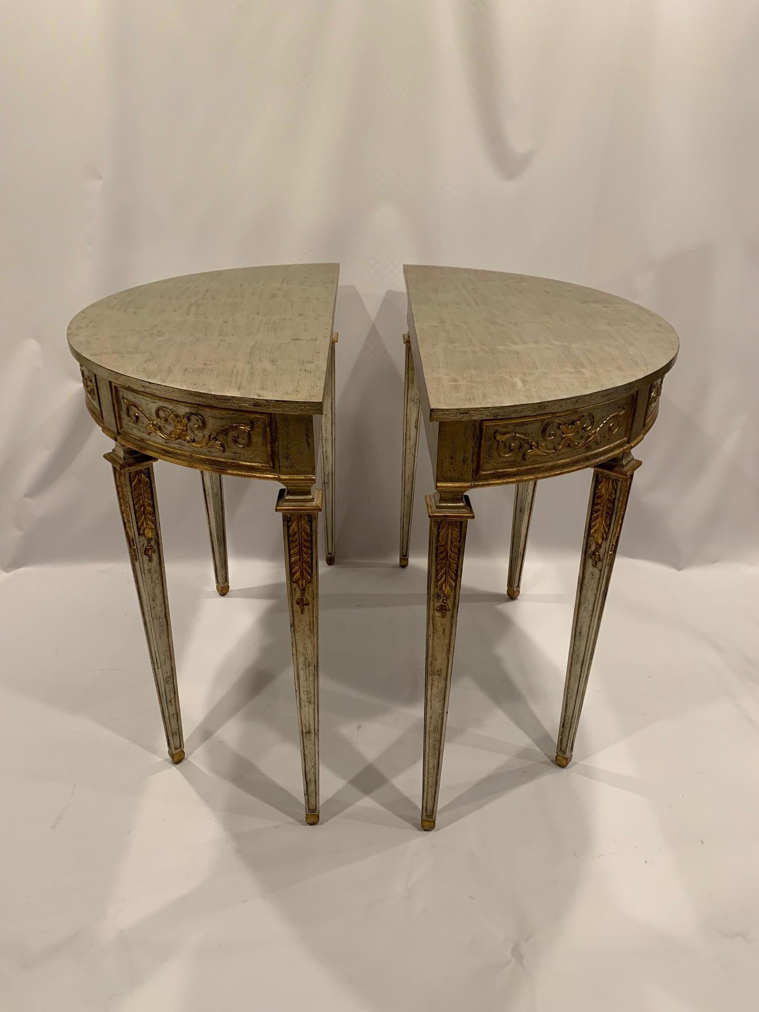 Glamorous Pair of Silver & Gold Leaf Demilune Console Tables 2