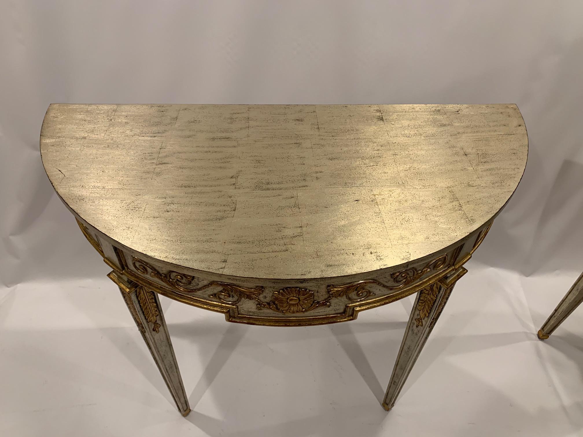 Painted Glamorous Pair of Silver & Gold Leaf Demilune Console Tables