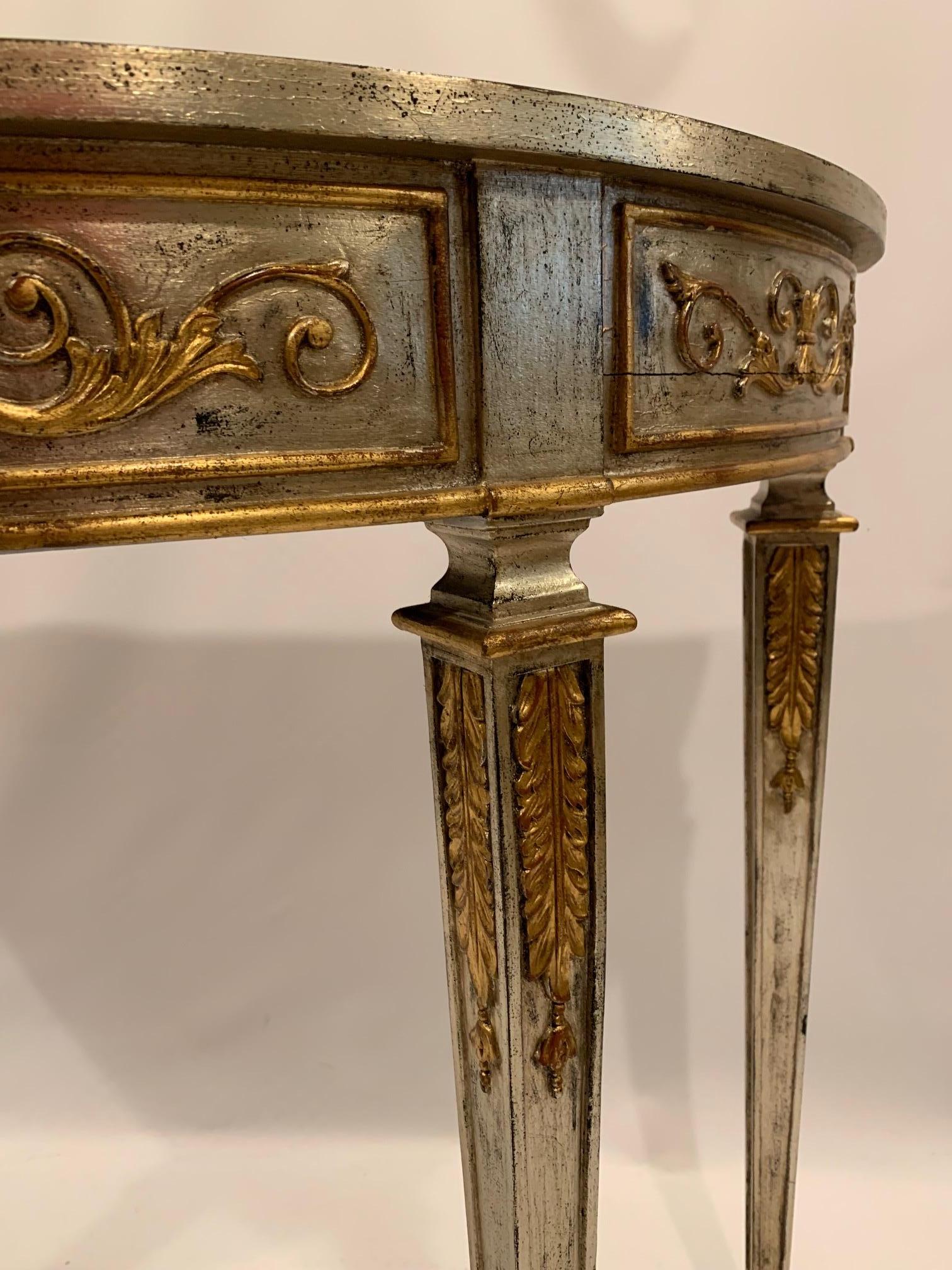 Glamorous Pair of Silver & Gold Leaf Demilune Console Tables 1