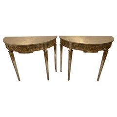 Glamorous Pair of Silver & Gold Leaf Demilune Console Tables