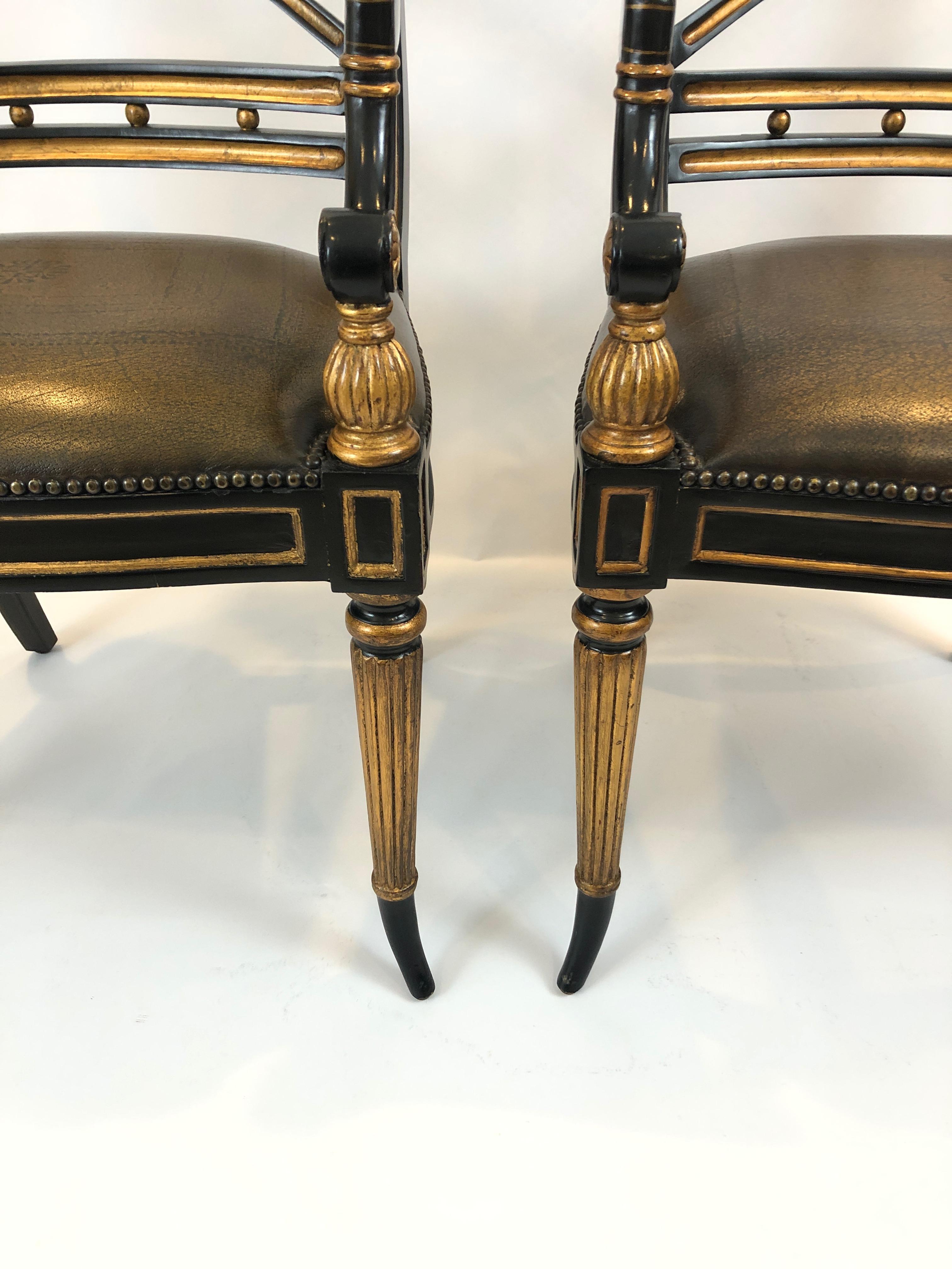 American Glamorous Pair of Regency Theodore Alexander Armchairs with Leather Seats