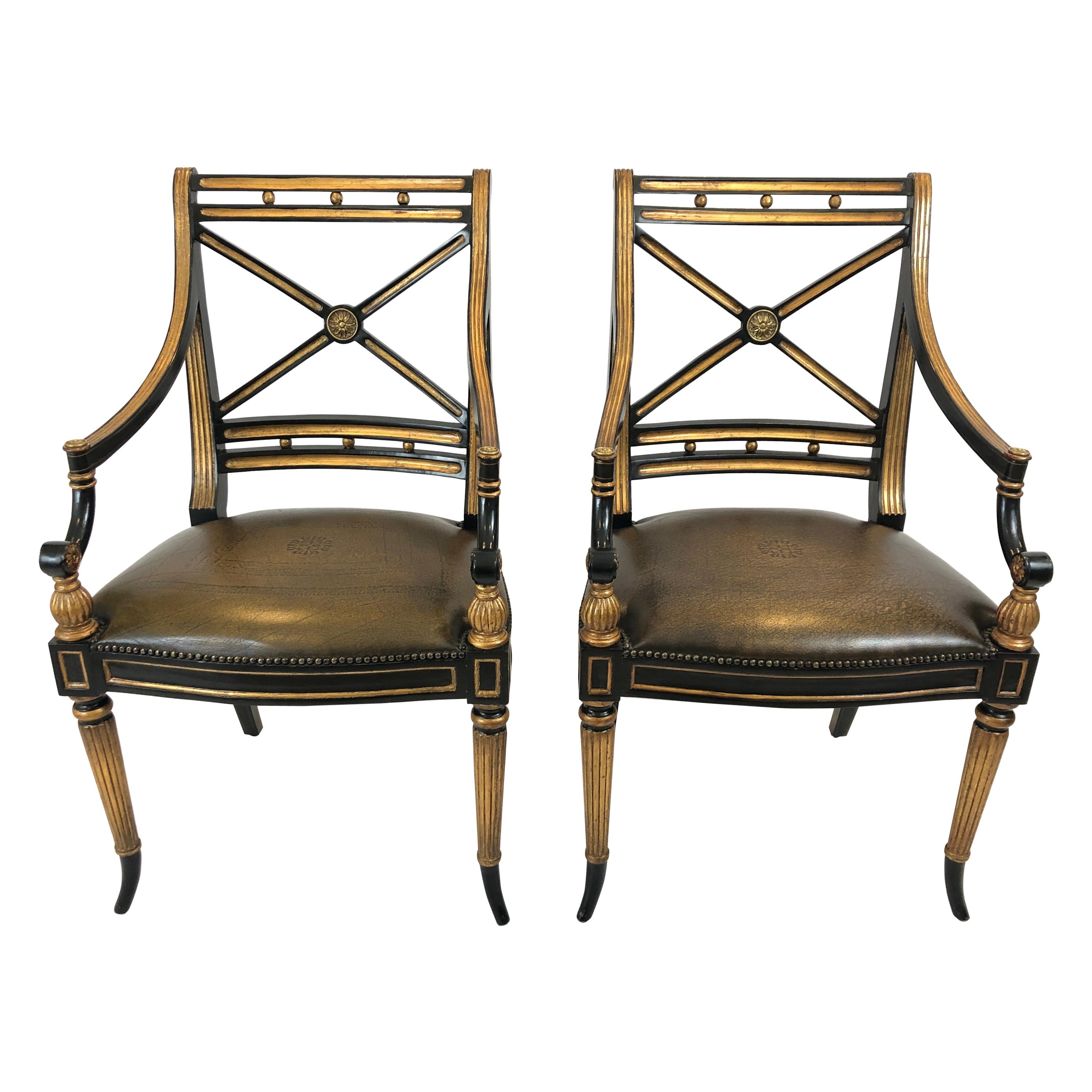 Glamorous Pair of Regency Theodore Alexander Armchairs with Leather Seats