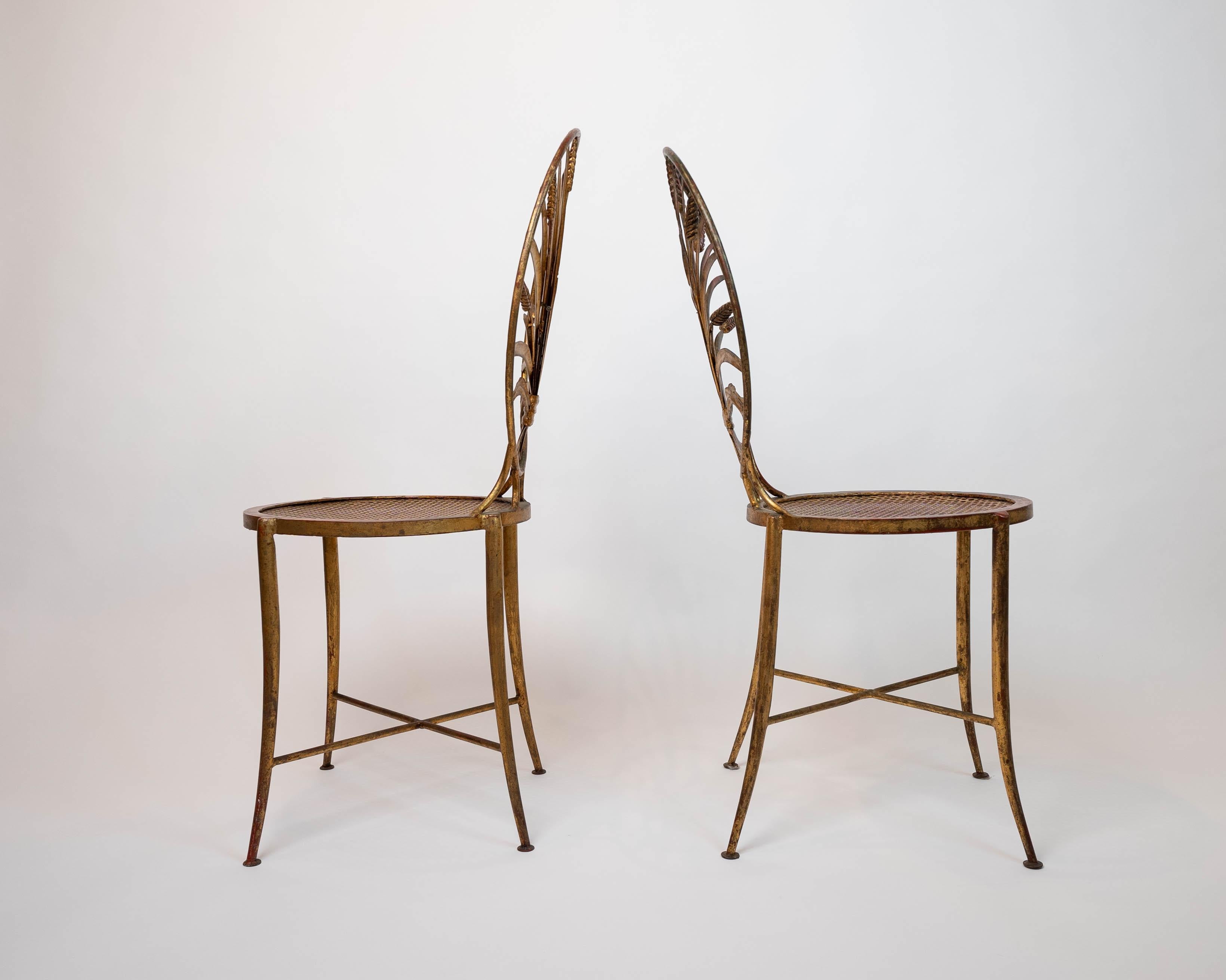 Italian Glamorous Pair of Salvadori Gilt Metal Wheat Sheaf Side Chairs
