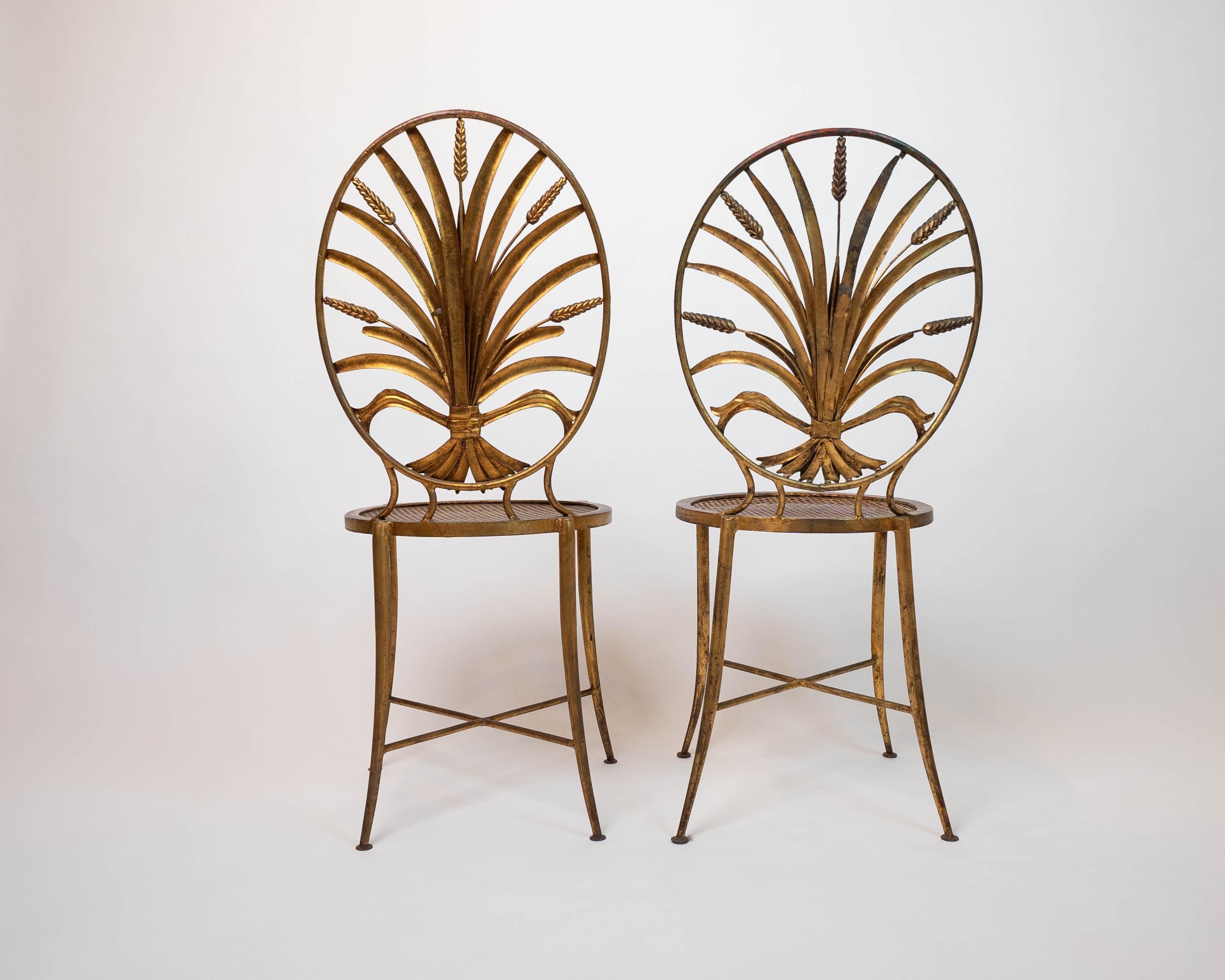 Glamorous Pair of Salvadori Gilt Metal Wheat Sheaf Side Chairs In Good Condition In Hopewell, NJ