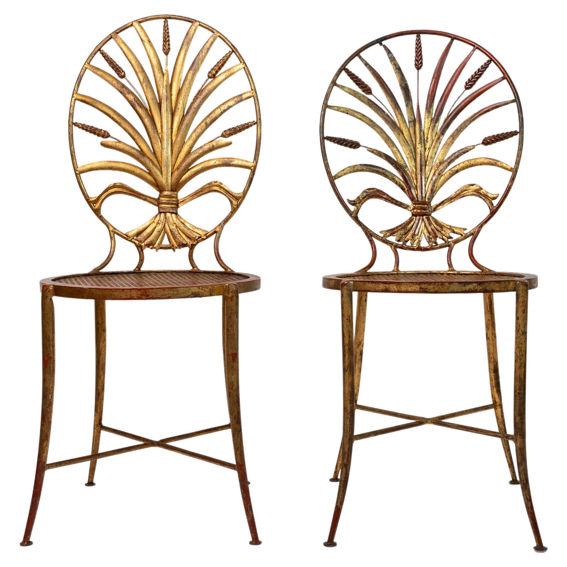 Glamorous Pair of Salvadori Gilt Metal Wheat Sheaf Side Chairs