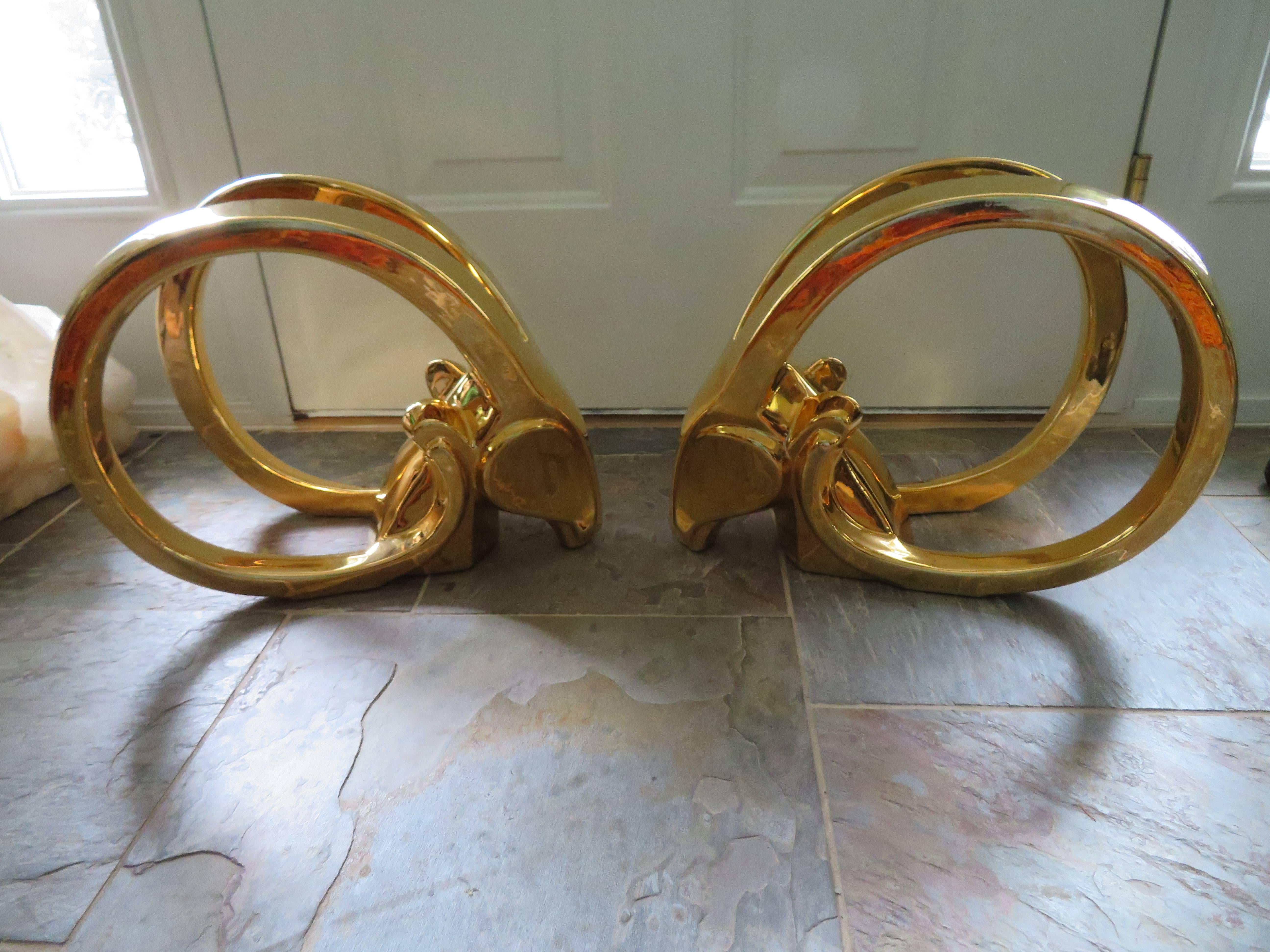 American Glamorous Pair of Signed Jaru 18kt Gold Ram Sculptures Mid-Century Modern For Sale