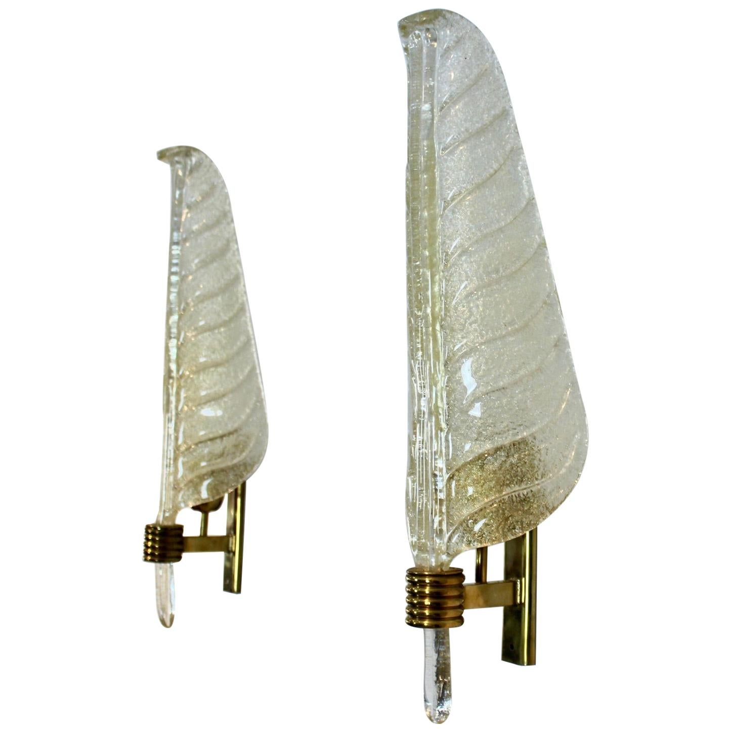 Glamorous Pair of Xl Murano 24kt Gold Flaked Glass Leaf Sconces, Barovier & Toso