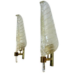 Glamorous Pair of Xl Murano 24kt Gold Flaked Glass Leaf Sconces, Barovier 
Toso