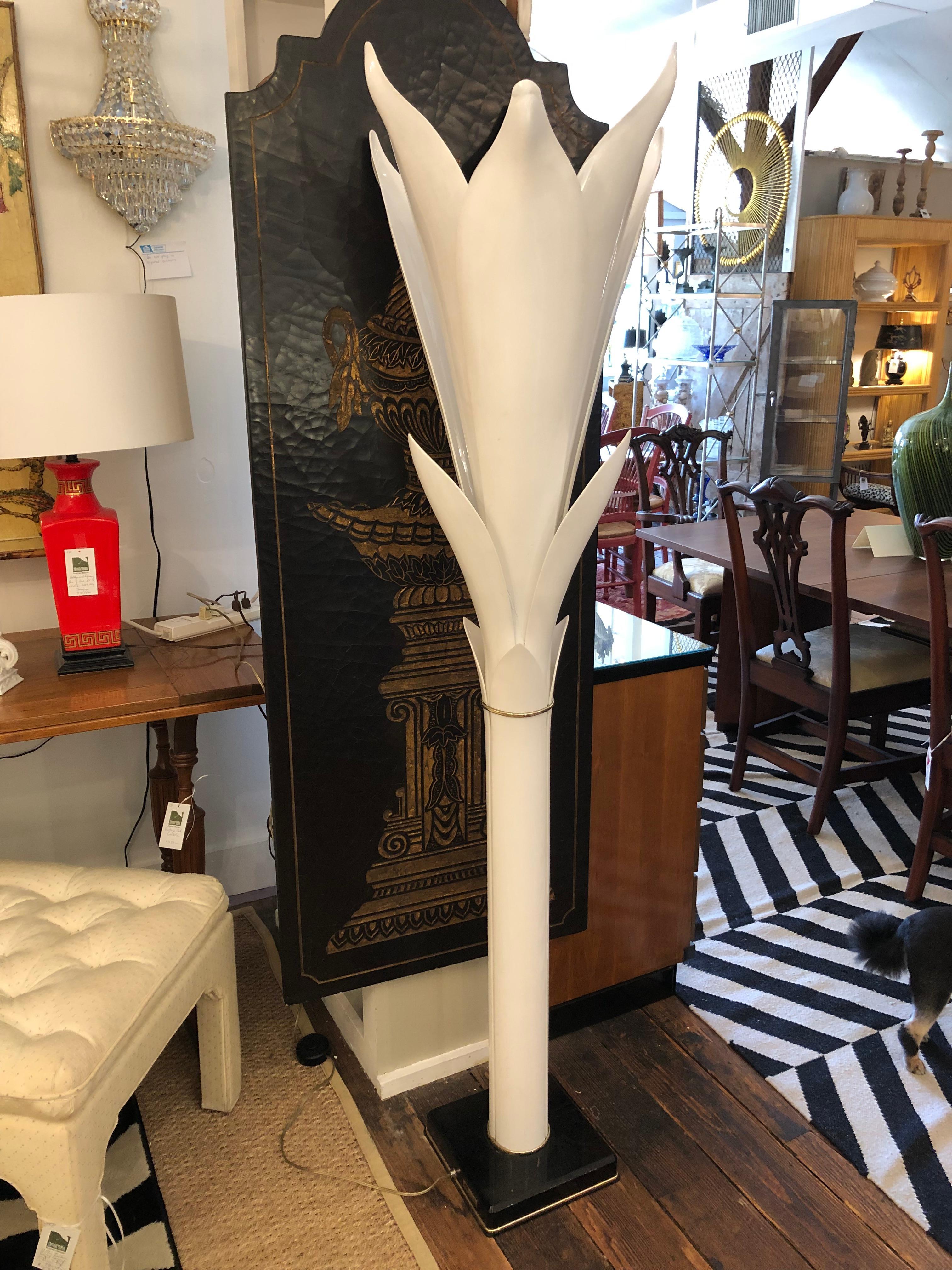 Mid-Century Modern Glamorous Pair Roger Rougier Life Size Moulded White Acrylic Petal Floor Lamps For Sale