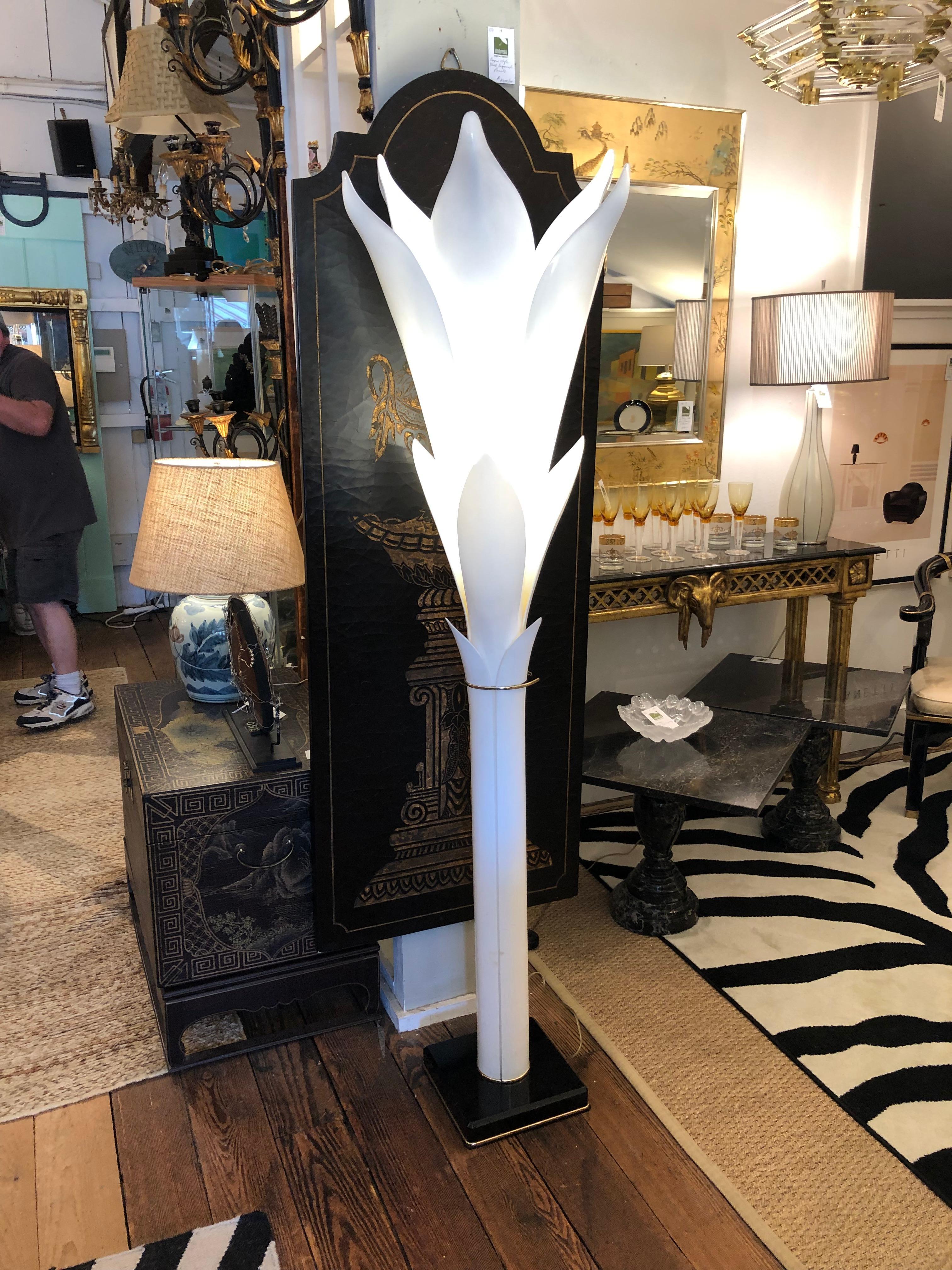 French Glamorous Pair Roger Rougier Life Size Moulded White Acrylic Petal Floor Lamps For Sale