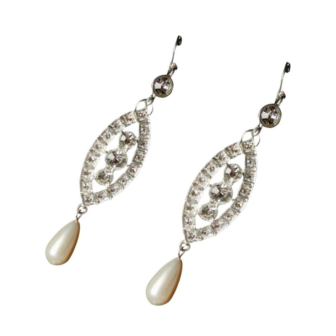 Brilliant Cut Zircon Crystal and Pearl Drop Earrings in Silver Tone by Mordekai For Sale