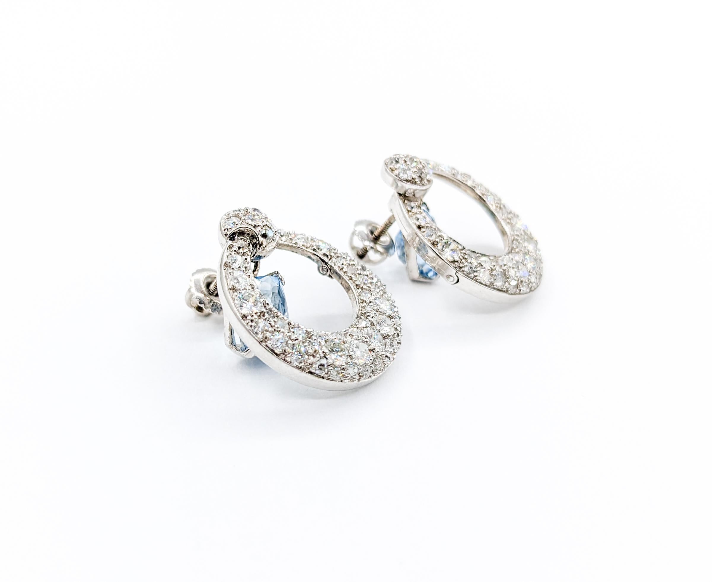 Retro Glamorous Platinum Aquamarine & Pave Diamond Drop Earrings For Sale
