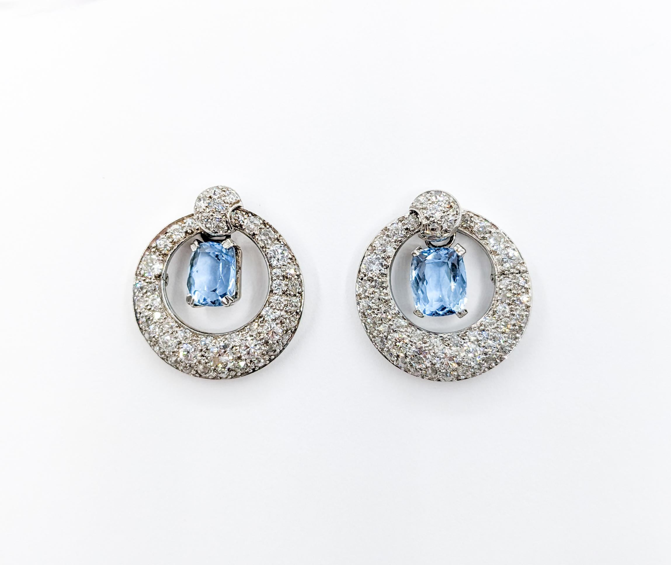 Old European Cut Glamorous Platinum Aquamarine & Pave Diamond Drop Earrings For Sale