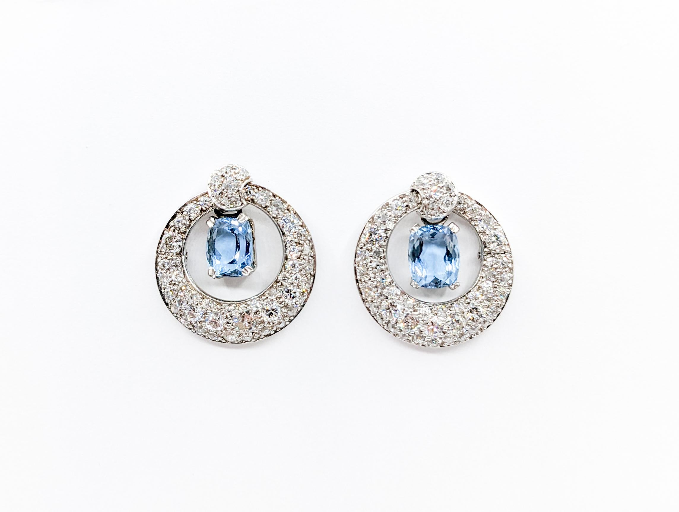 Glamorous Platinum Aquamarine & Pave Diamond Drop Earrings In Excellent Condition For Sale In Bloomington, MN