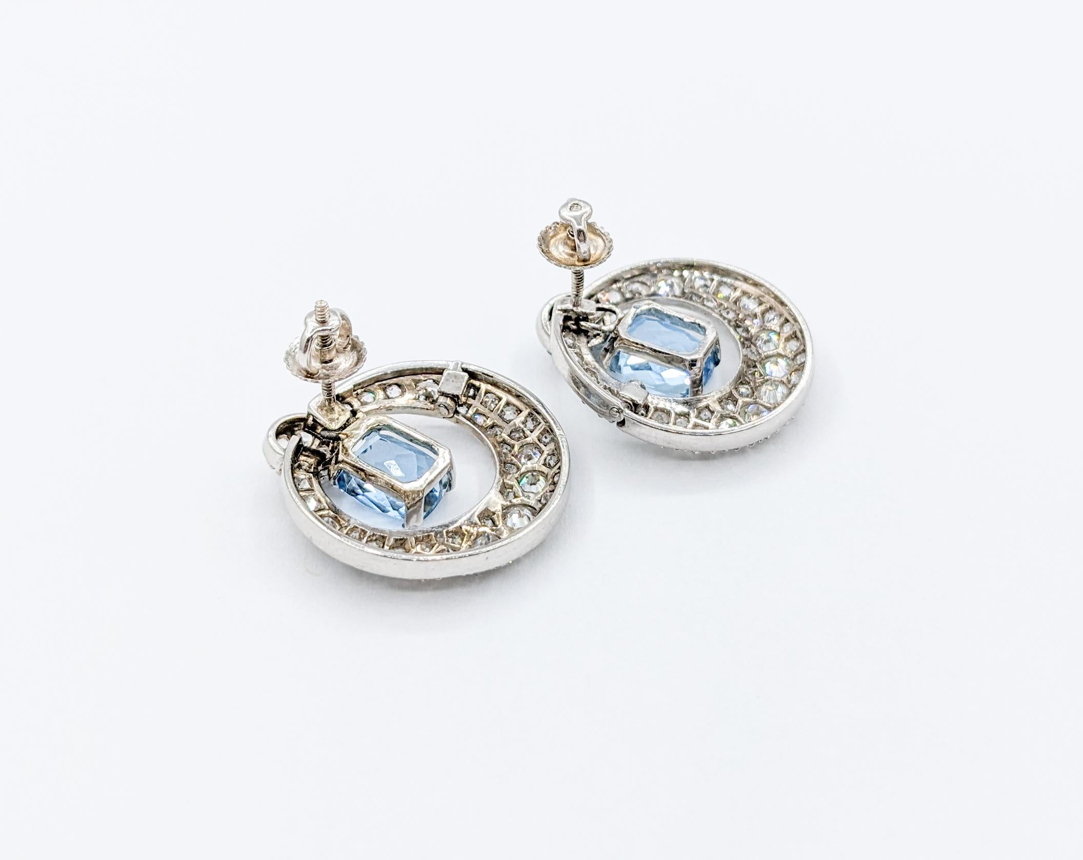 Women's Glamorous Platinum Aquamarine & Pave Diamond Drop Earrings For Sale