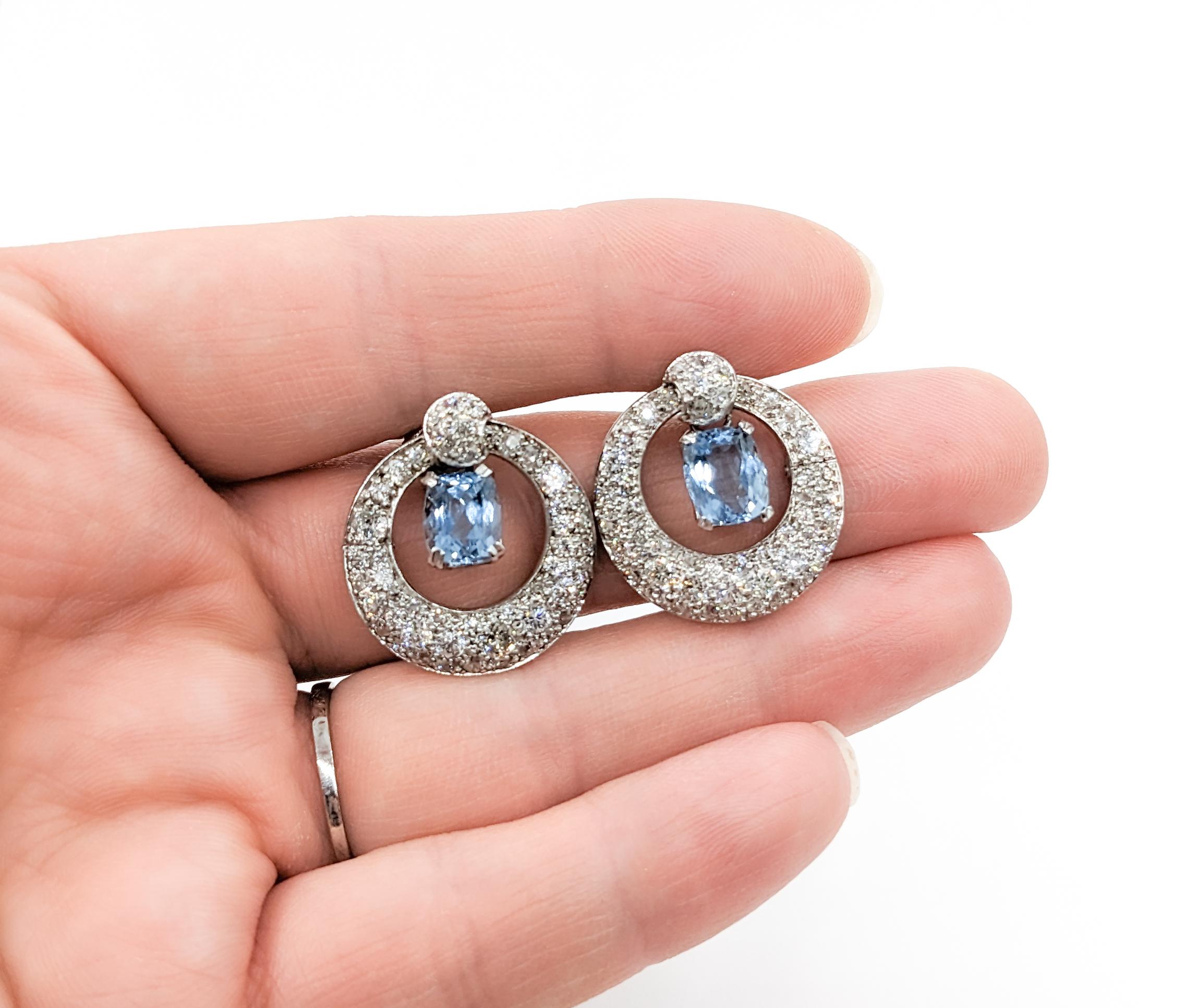 Glamorous Platinum Aquamarine & Pave Diamond Drop Earrings For Sale 1