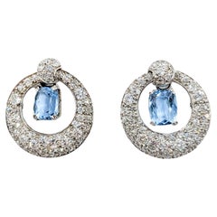 Vintage Glamorous Platinum Aquamarine & Pave Diamond Drop Earrings