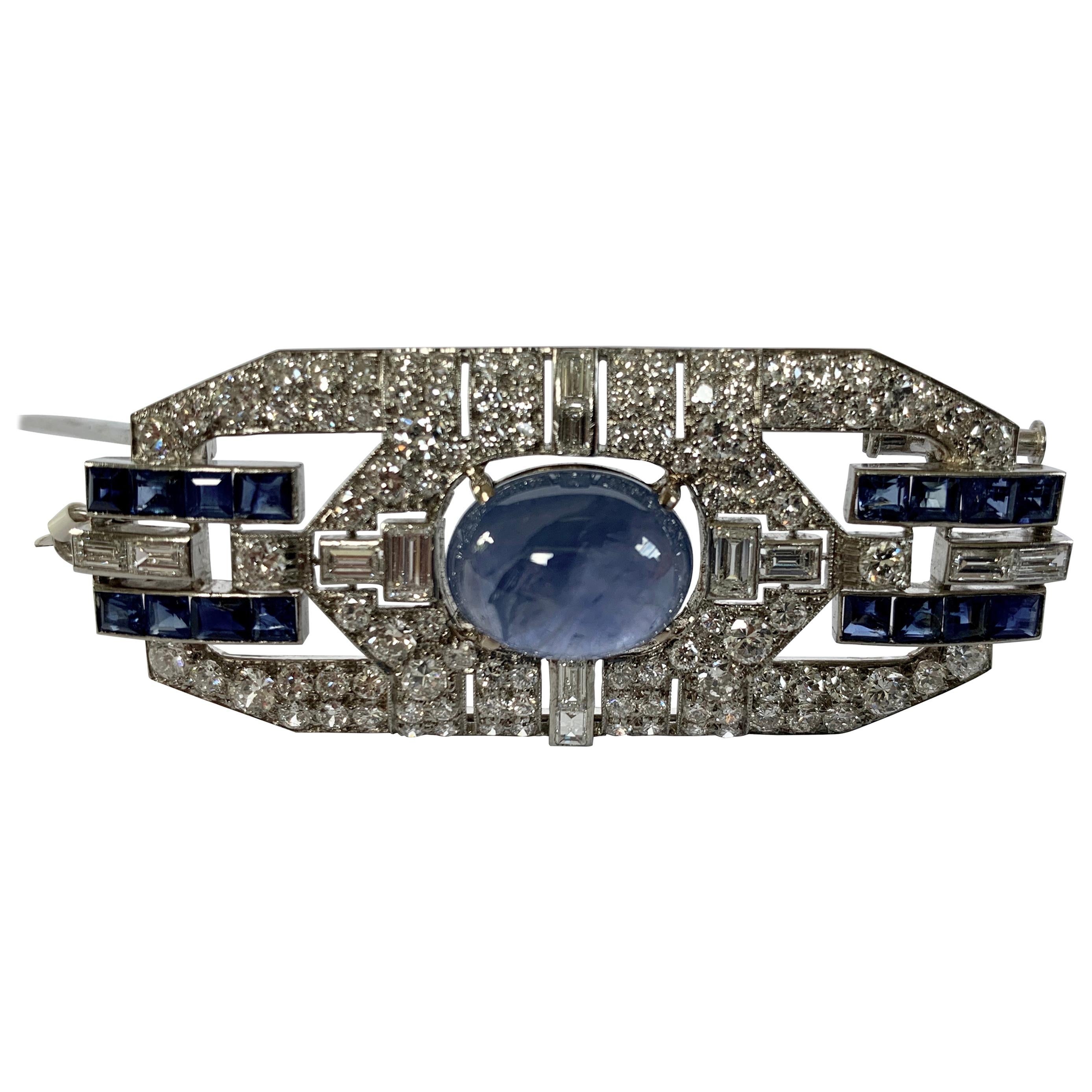 Glamorous Platinum Saphire and Diamond Art Deco Plaque Brooch For Sale