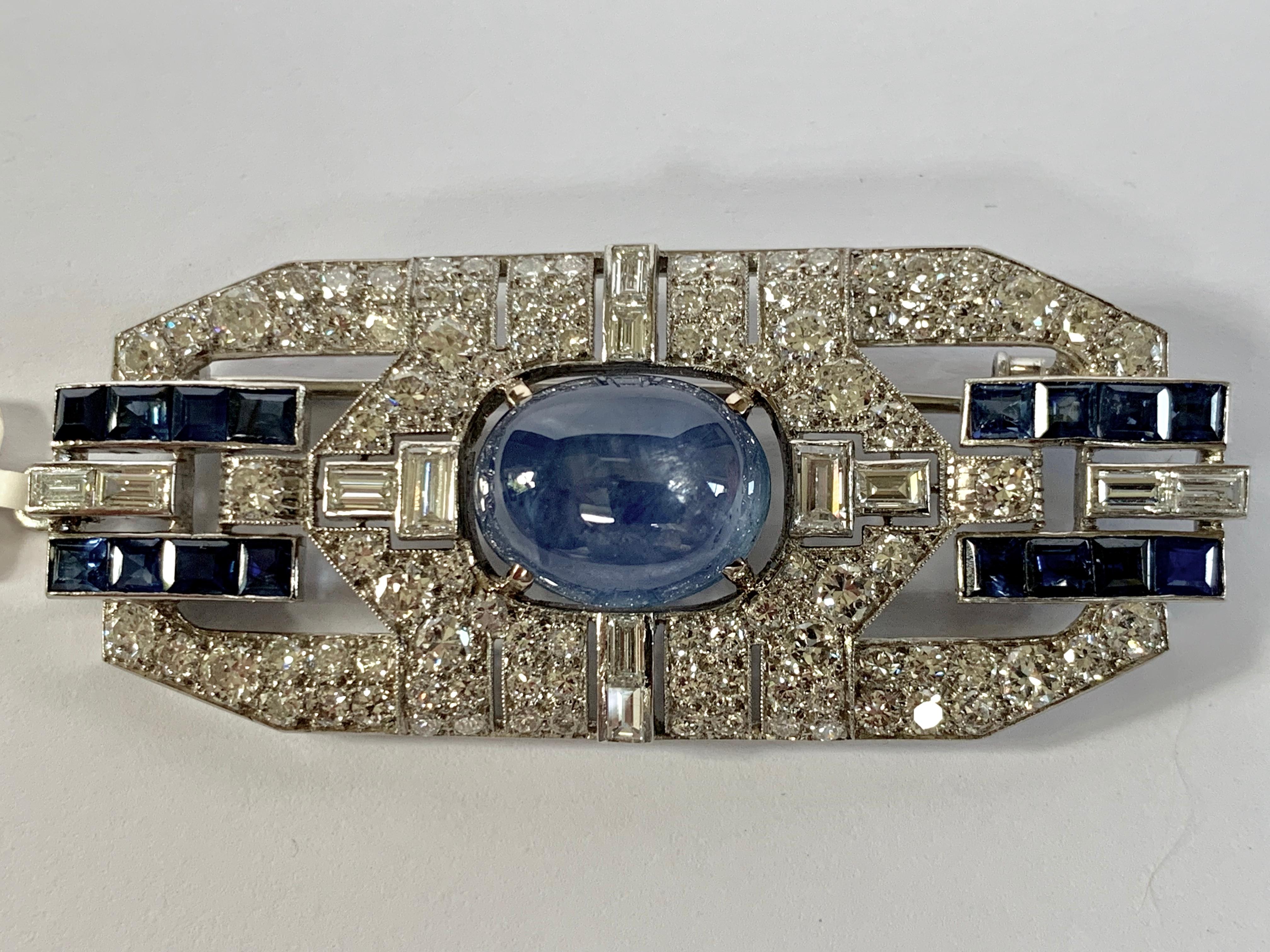 Women's Glamorous Platinum Saphire and Diamond Art Deco Plaque Brooch For Sale
