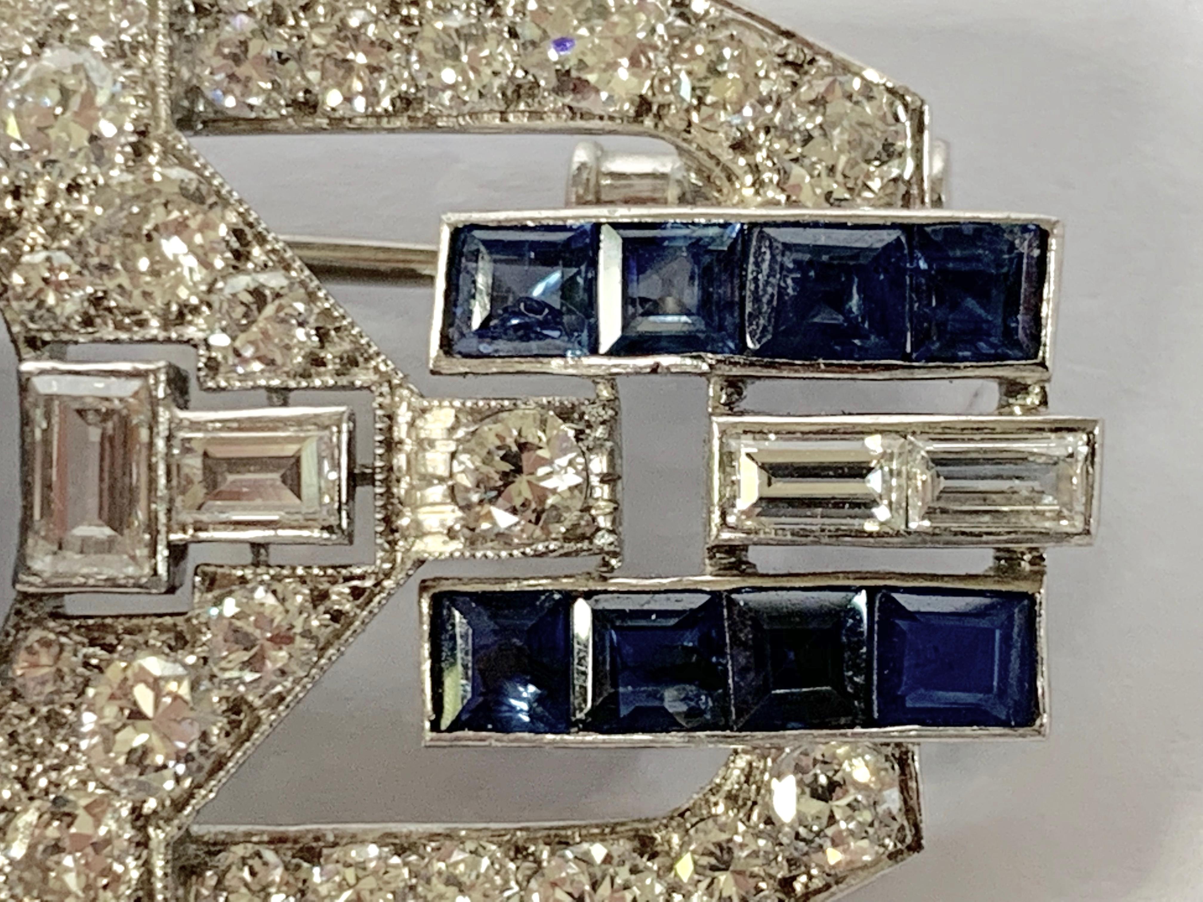 Glamorous Platinum Saphire and Diamond Art Deco Plaque Brooch For Sale 1