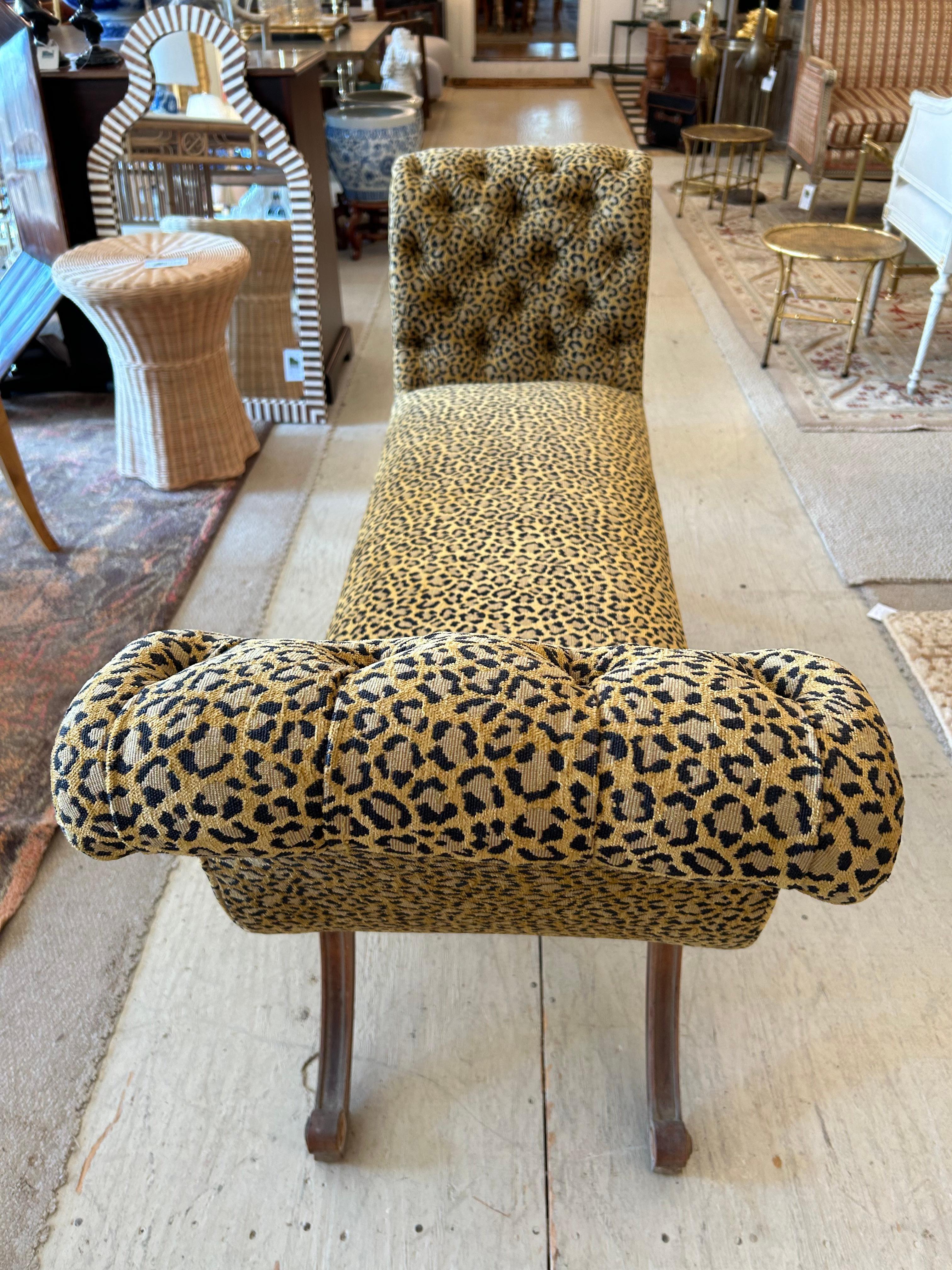 Plush vintage chenille animal print classic French style bench having lovely splayed legs and tufted curved sides.  