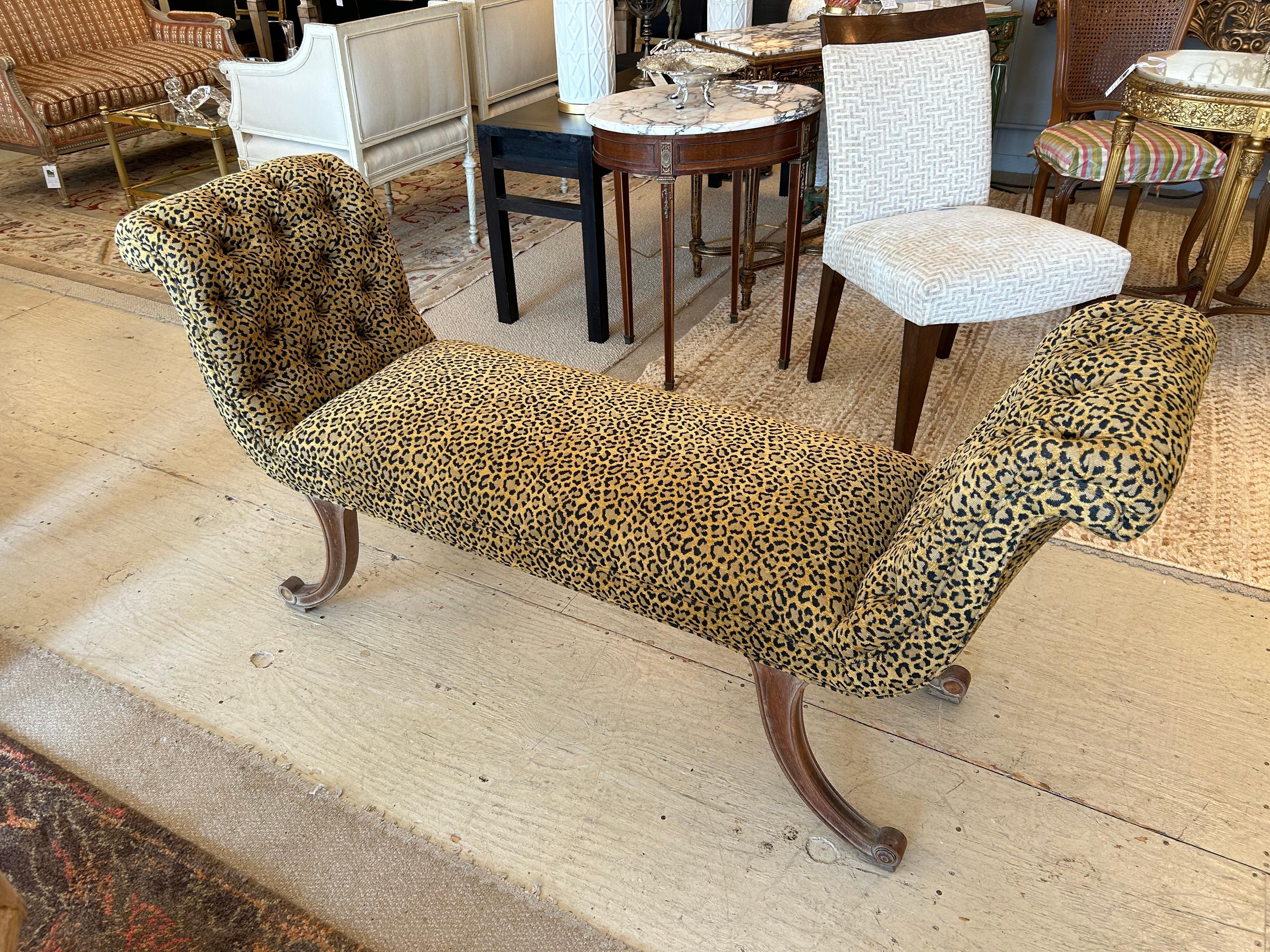 Glamorous Plush Upholstered Animal Print Chenille French Bench For Sale 1