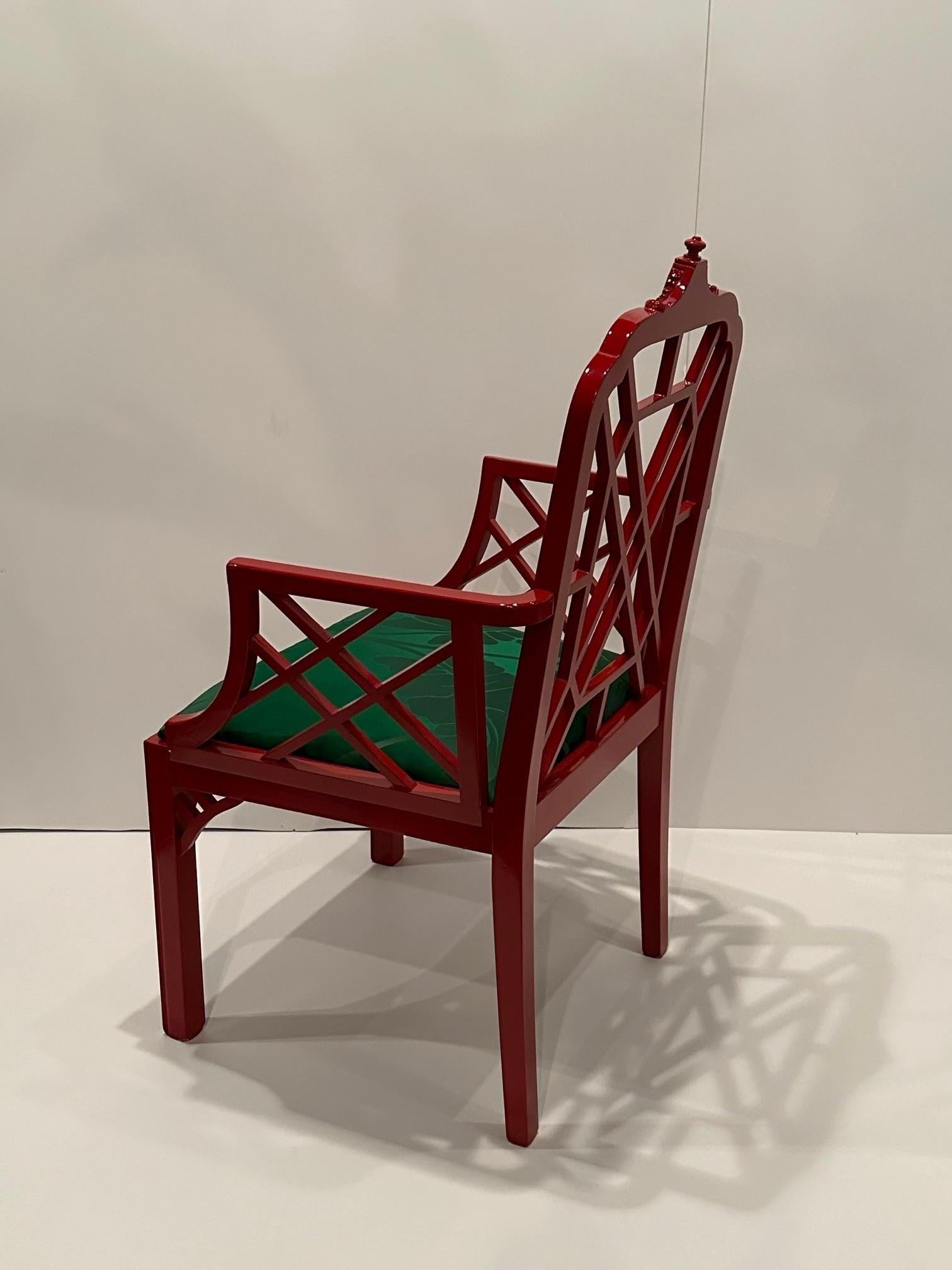 Glamorous Red Lacquer Chinese Chippendale Armchair In Good Condition For Sale In Hopewell, NJ
