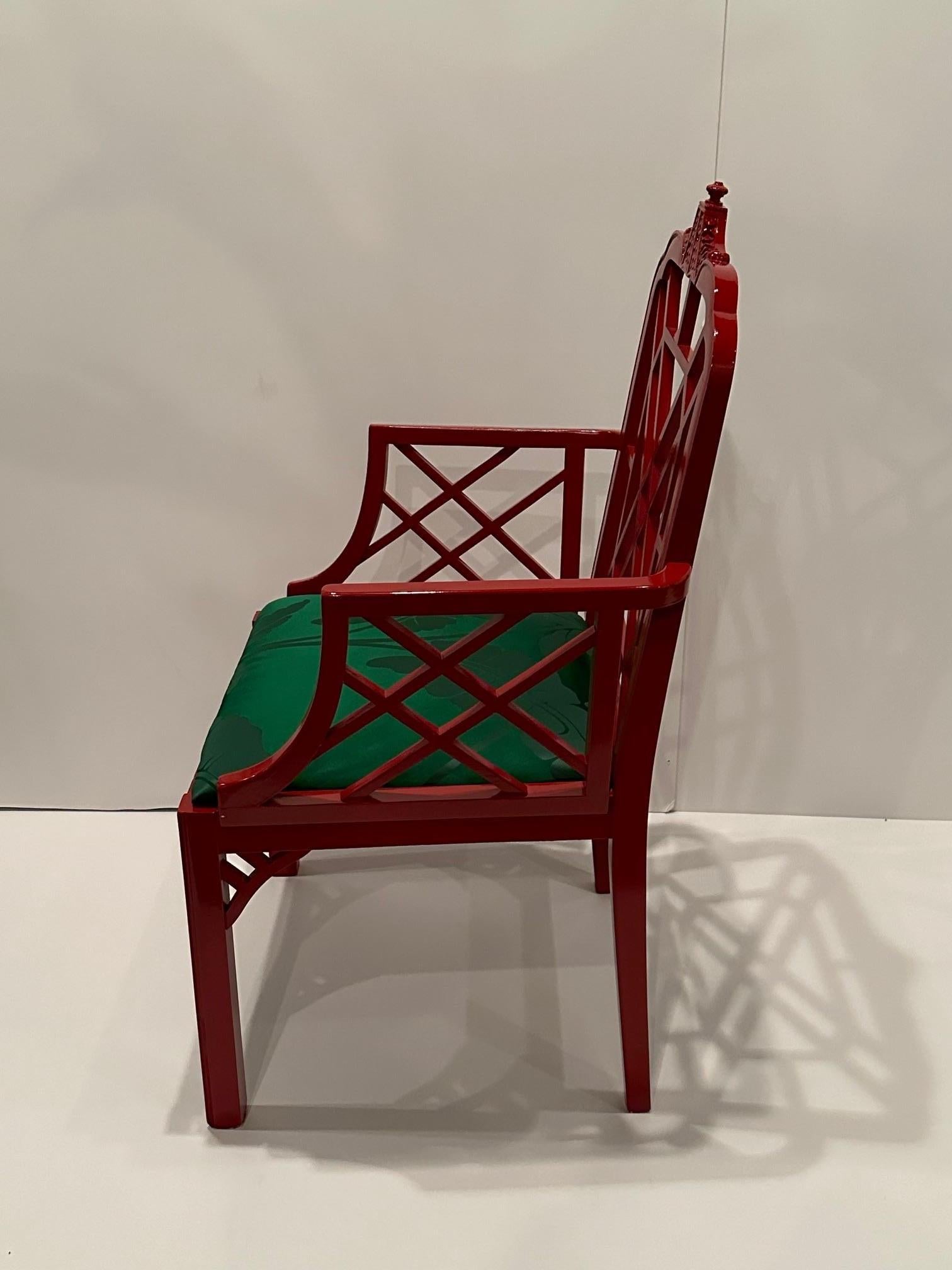 Late 20th Century Glamorous Red Lacquer Chinese Chippendale Armchair For Sale