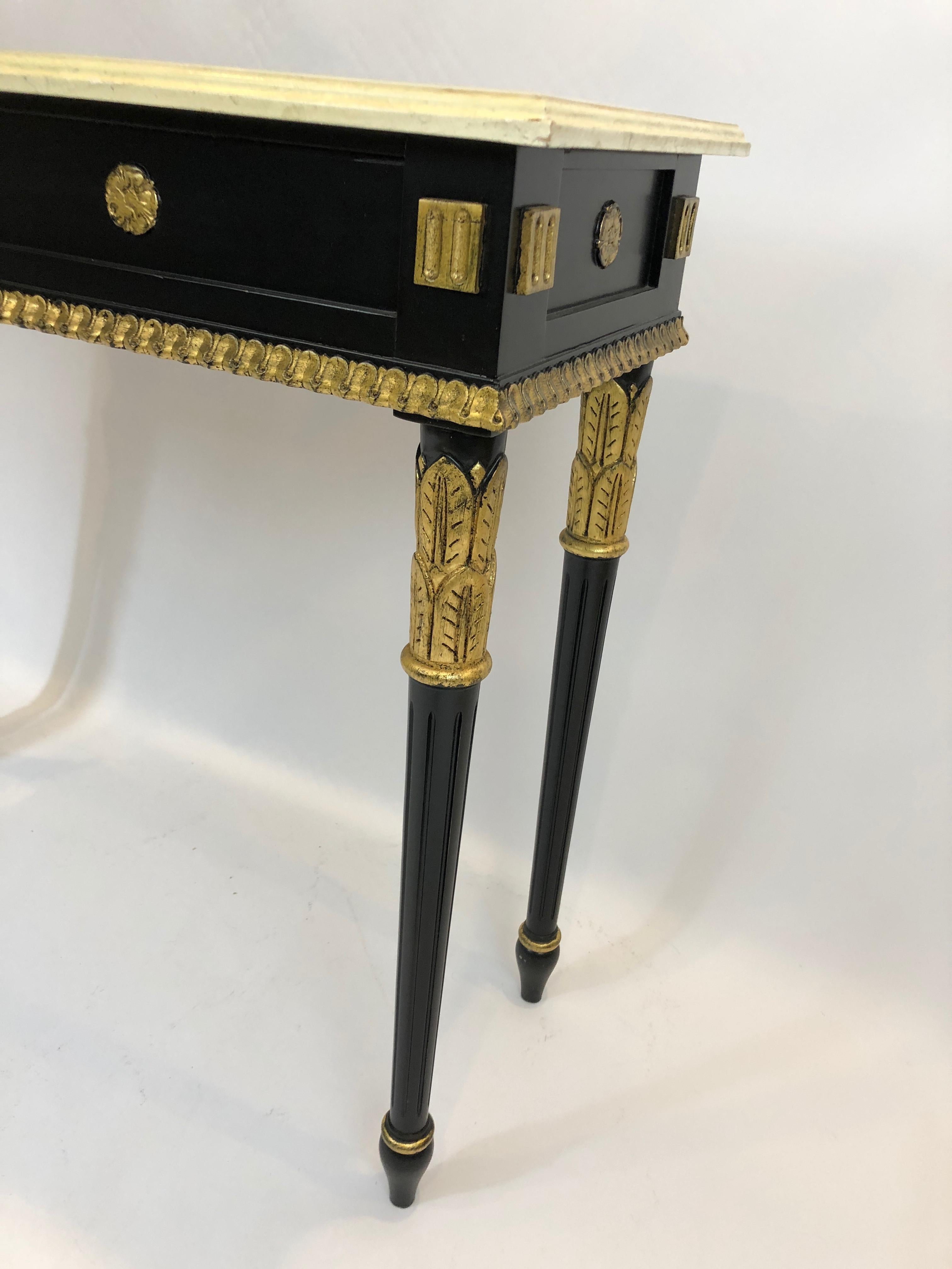 American Glamorous Regency Style Black and Gilded Console Table with Faux Marble Top