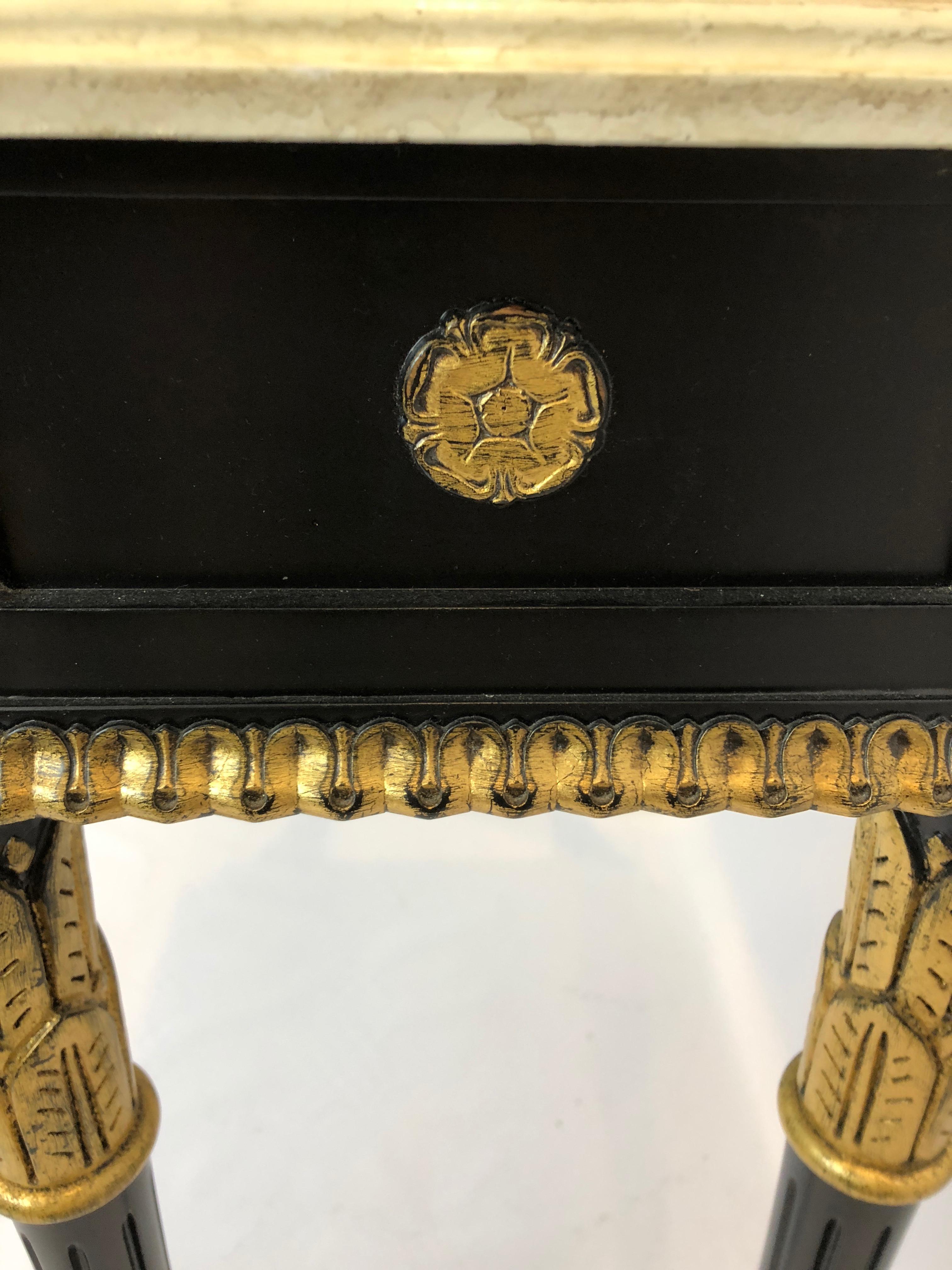 Glamorous Regency Style Black and Gilded Console Table with Faux Marble Top In Excellent Condition In Hopewell, NJ