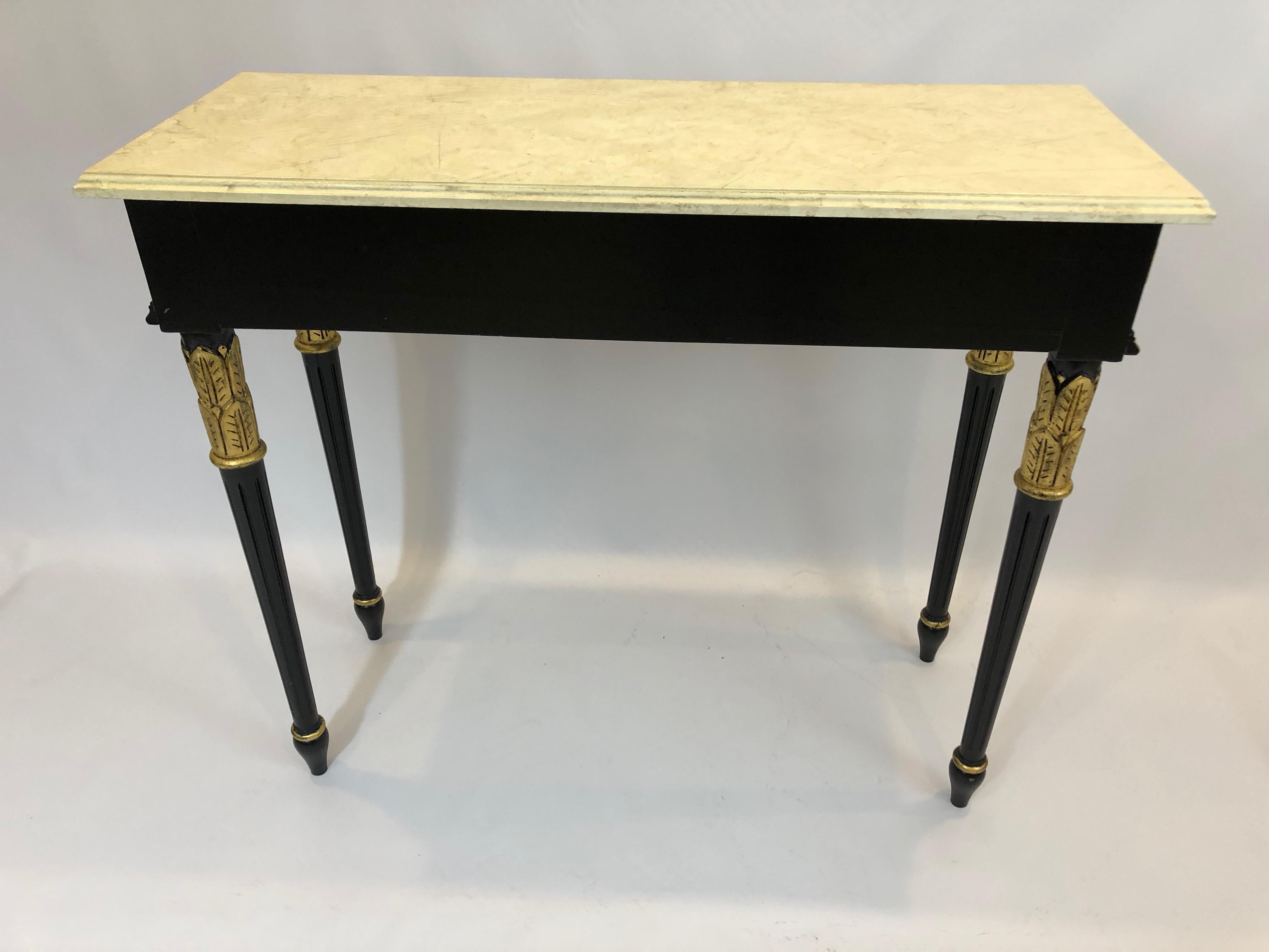 Glamorous Regency Style Black and Gilded Console Table with Faux Marble Top 2