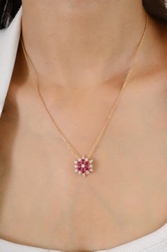 Glamorous Ruby Diamond Flower Pendant Chain Necklace in 18k Solid Rose Gold