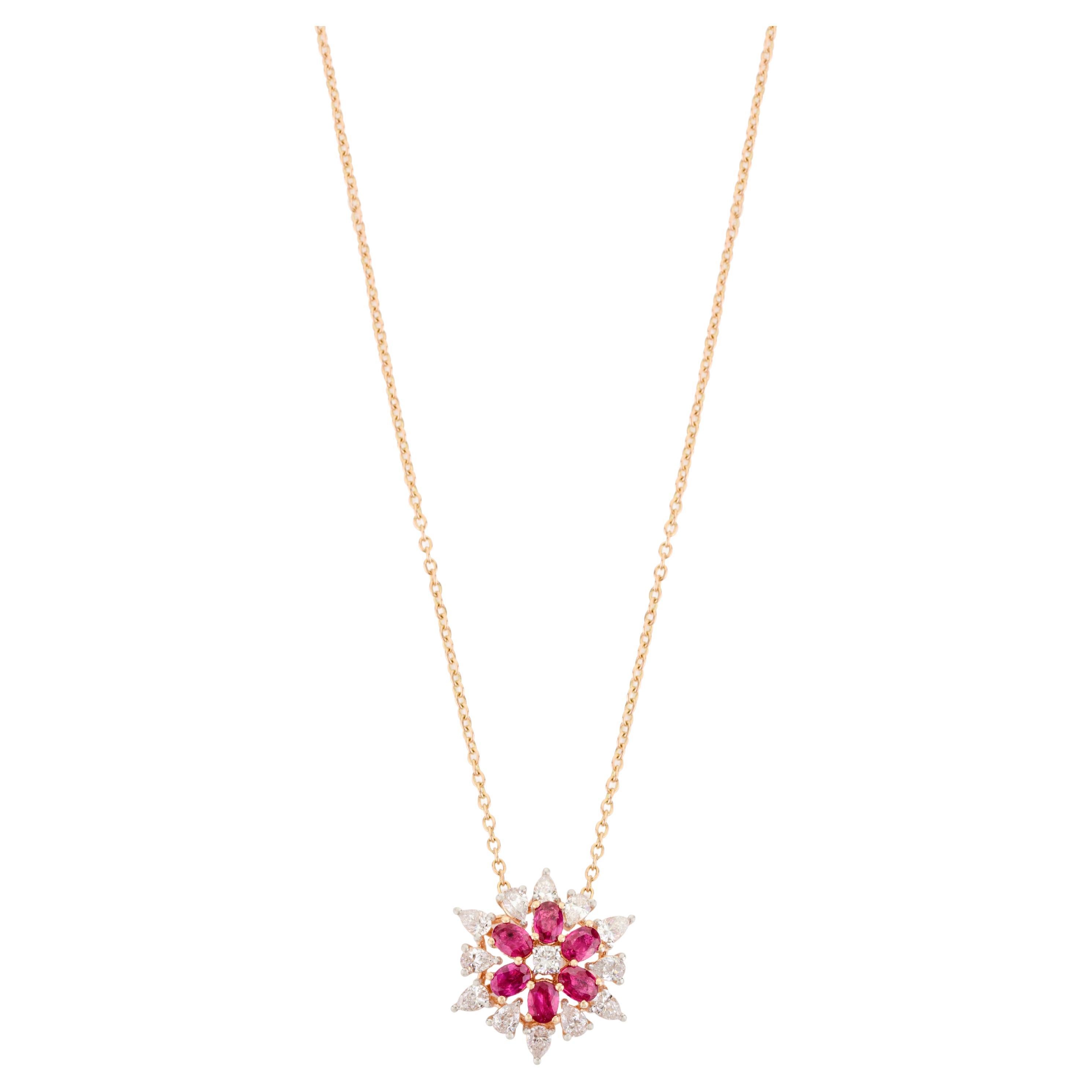 Glamouröse Rubin-Diamant-Blumen-Anhänger-Kette Halskette in 18k massivem Rose Gold
