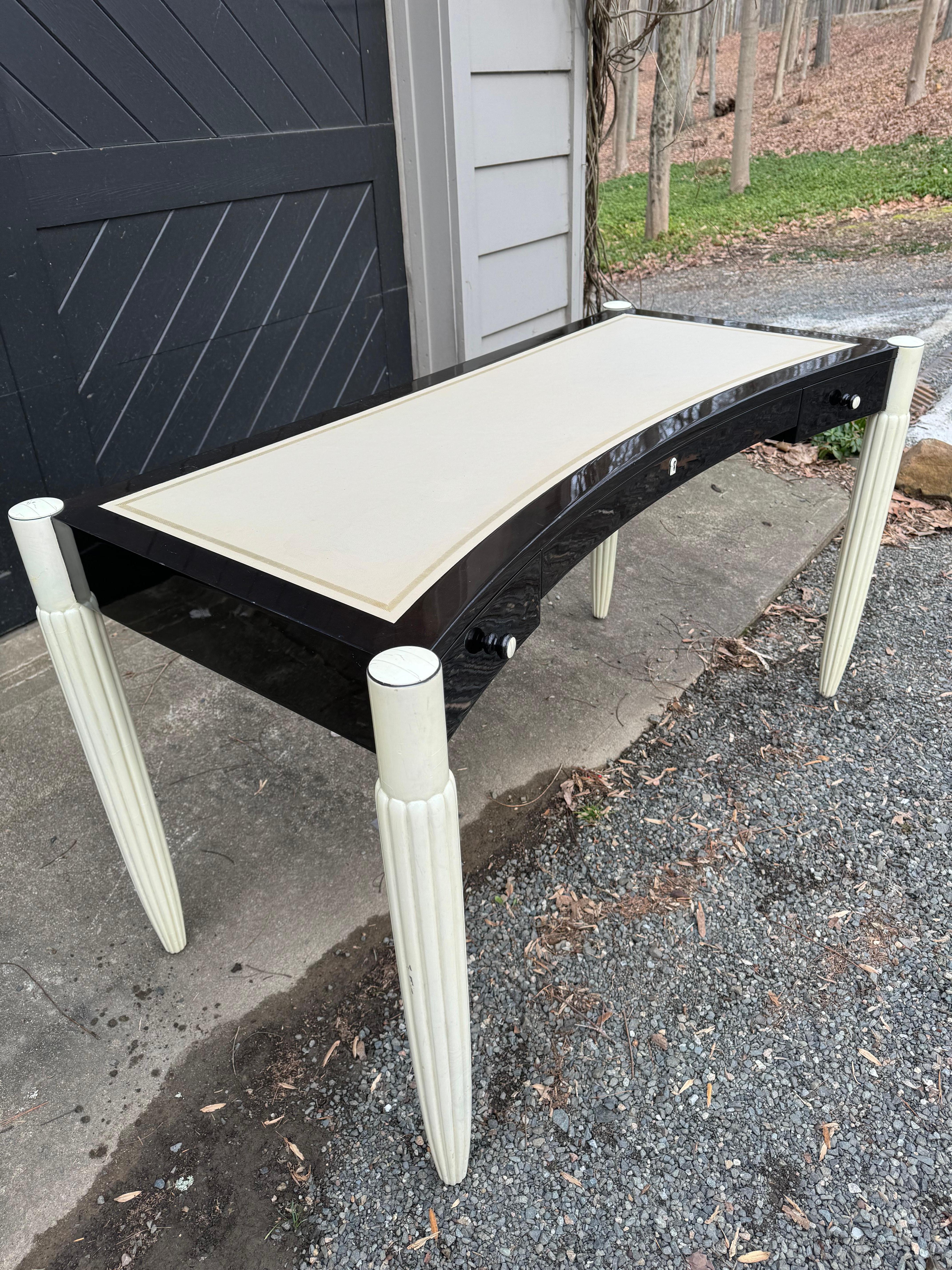 Glamorous Sally Sirkin Robert J Lewis Black & White Lacquer and Leather Desk For Sale 1