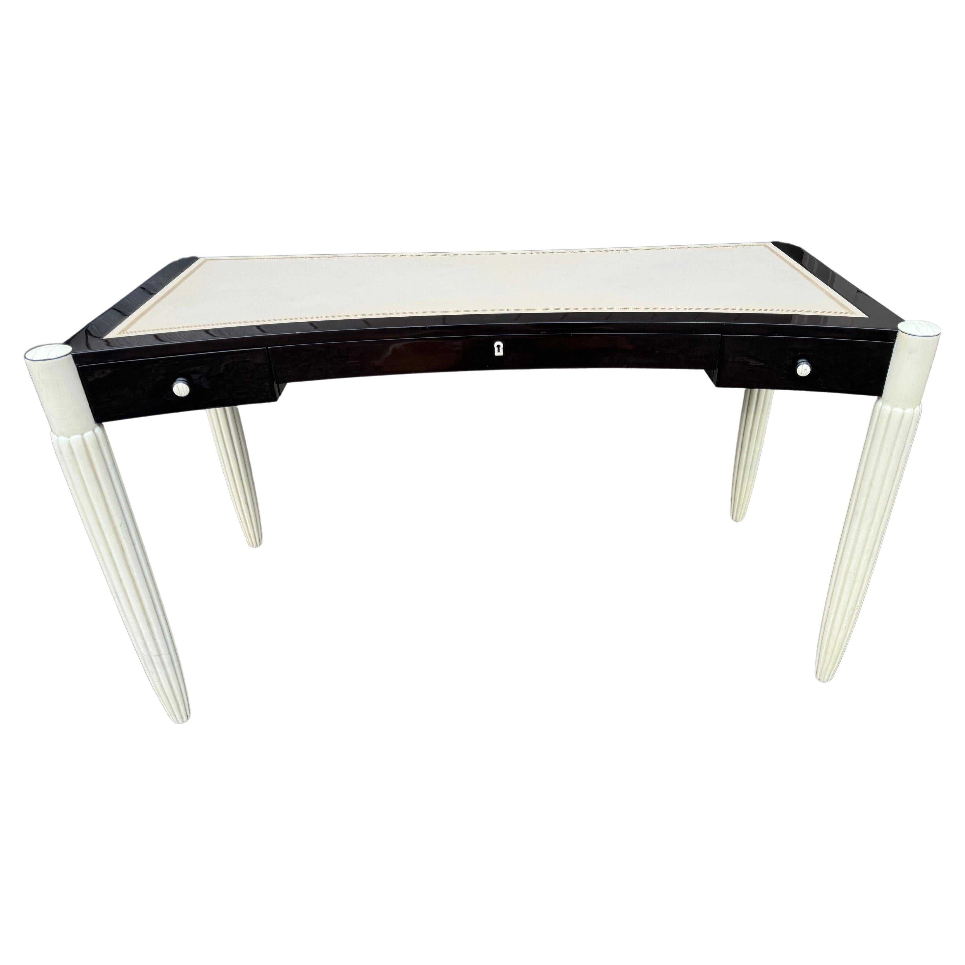 Glamorous Sally Sirkin Robert J Lewis Black & White Lacquer and Leather Desk For Sale