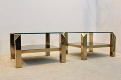 Glamorous Set Belgochrom 23-Carat Gold-Plated Two-Tier Glass Side Tables, Signed
