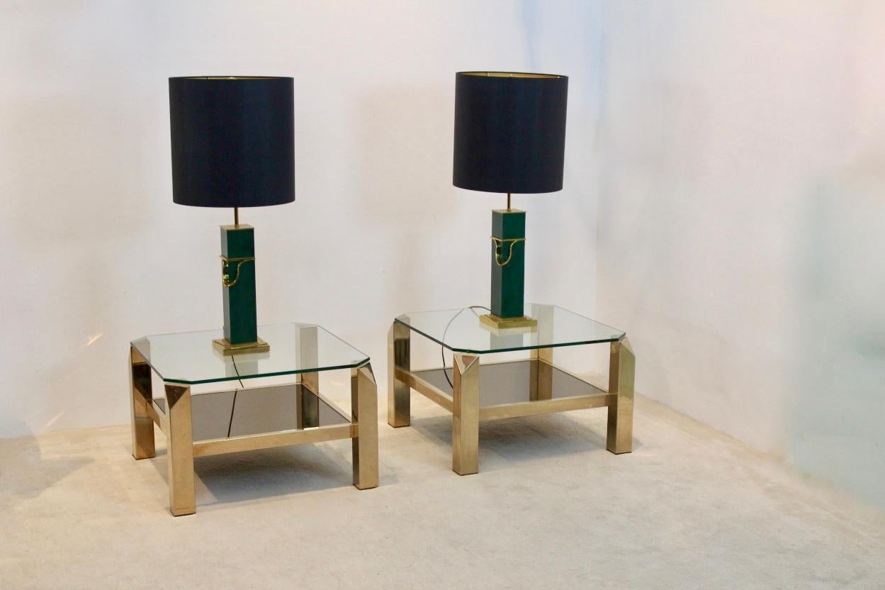 20th Century Glamorous Set Belgochrom 23-Carat Gold-Plated Two-Tier Glass Side Tables, Signed