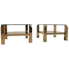 Glamorous Set Belgochrom 23-Carat Gold-Plated Two-Tier Glass Side Tables, Signed