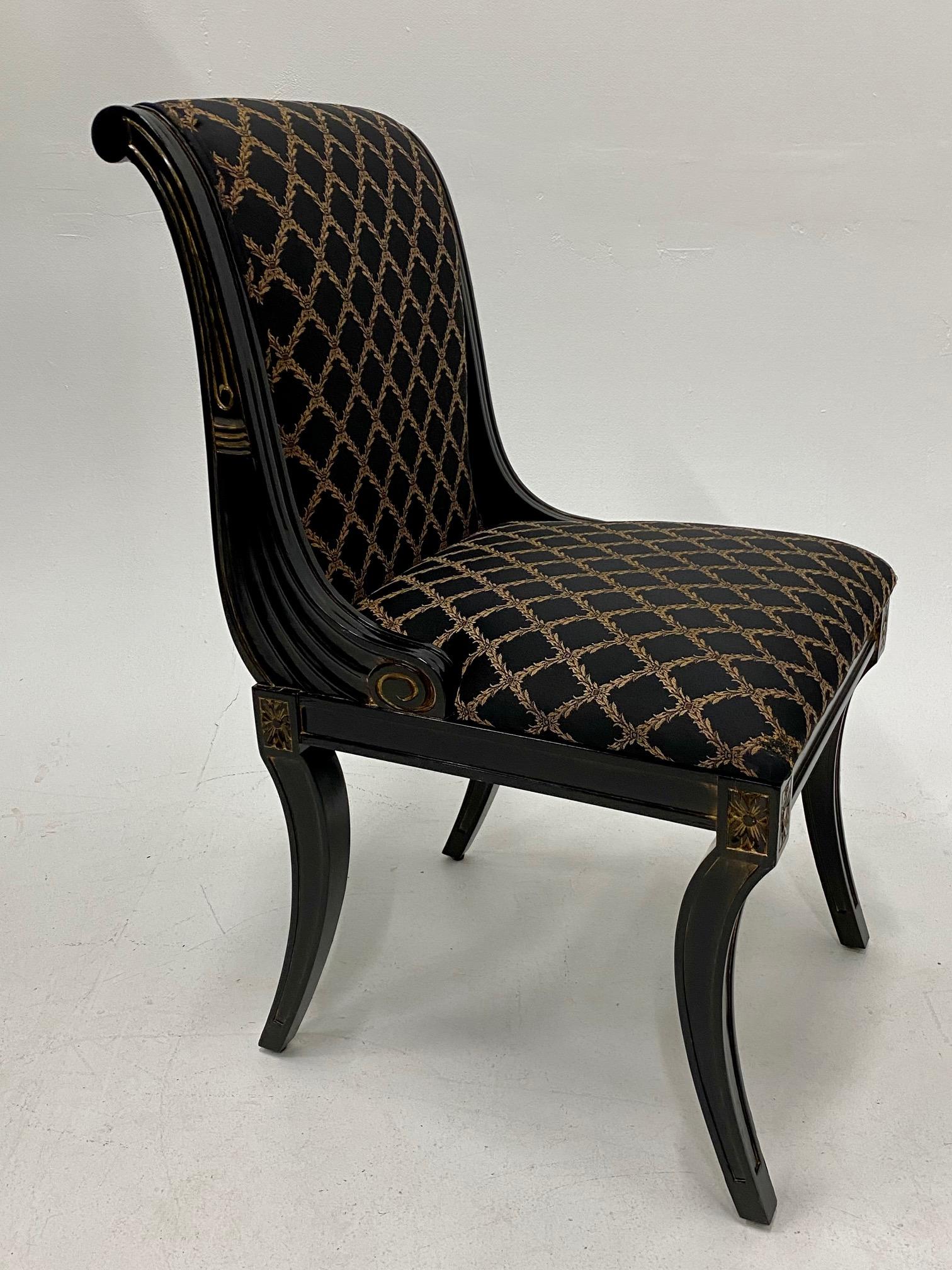 Late 20th Century Glamorous Set of 4 Hollywood Regency Ebonized & Gilt Decorated Dining Chairs