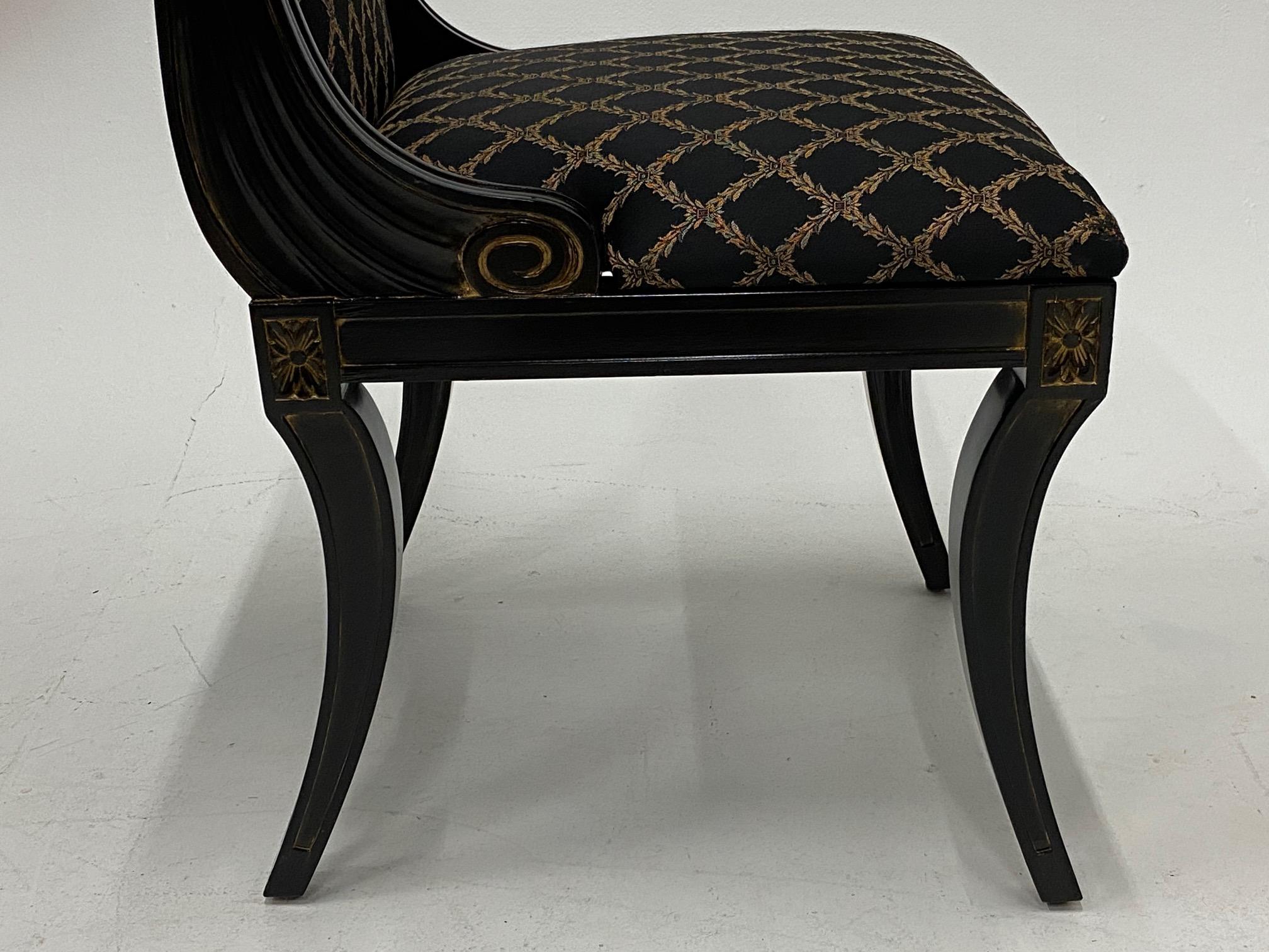 Wood Glamorous Set of 4 Hollywood Regency Ebonized & Gilt Decorated Dining Chairs