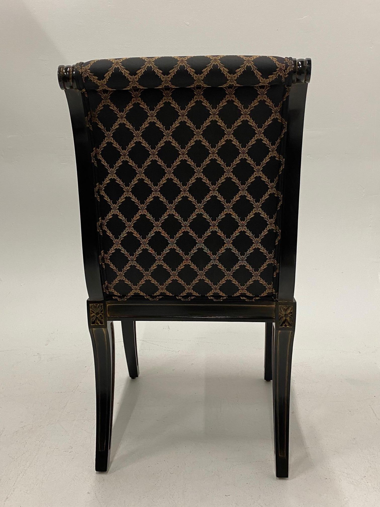 Glamorous Set of 4 Hollywood Regency Ebonized & Gilt Decorated Dining Chairs 1