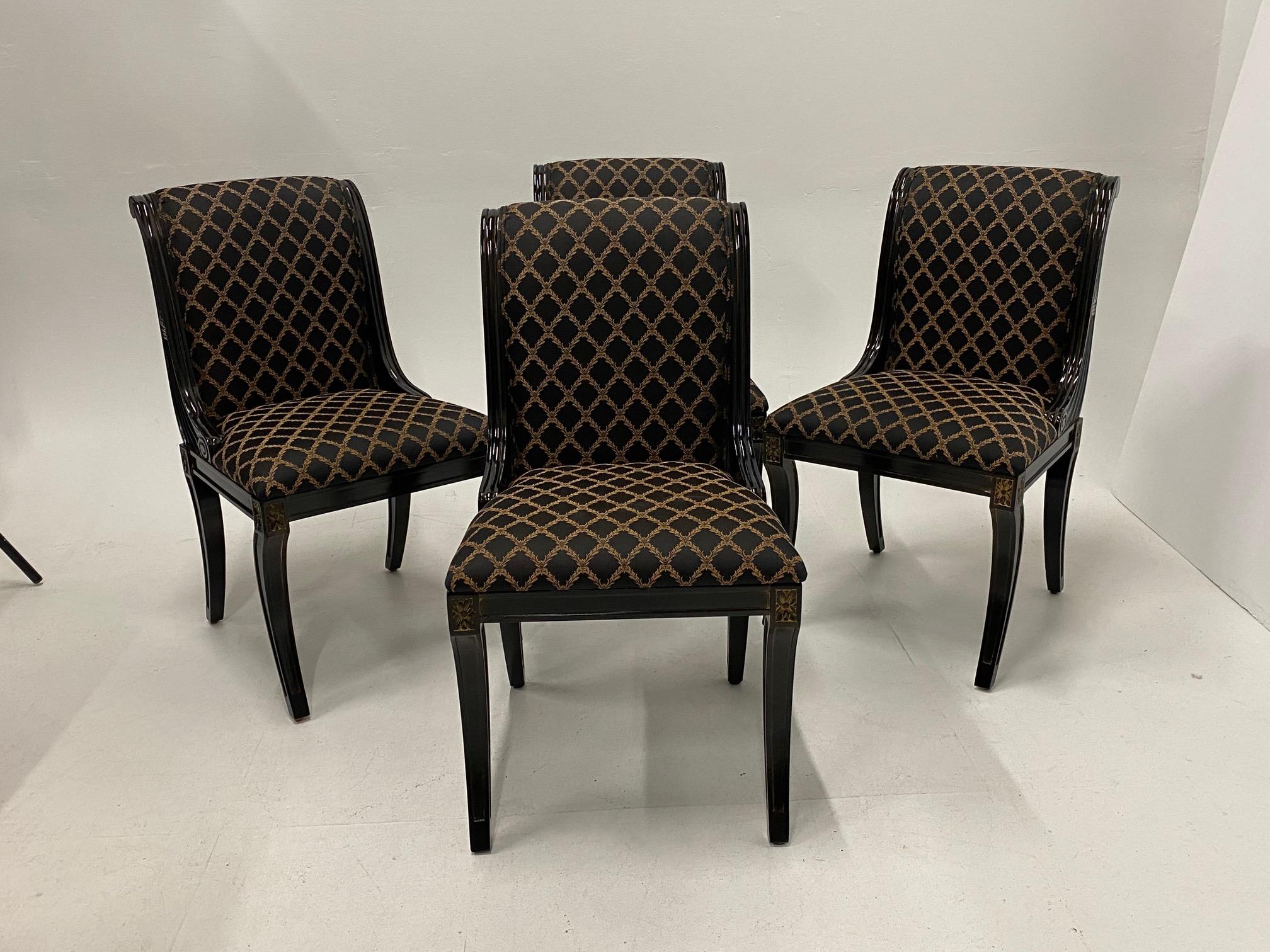 Glamorous Set of 4 Hollywood Regency Ebonized & Gilt Decorated Dining Chairs 2