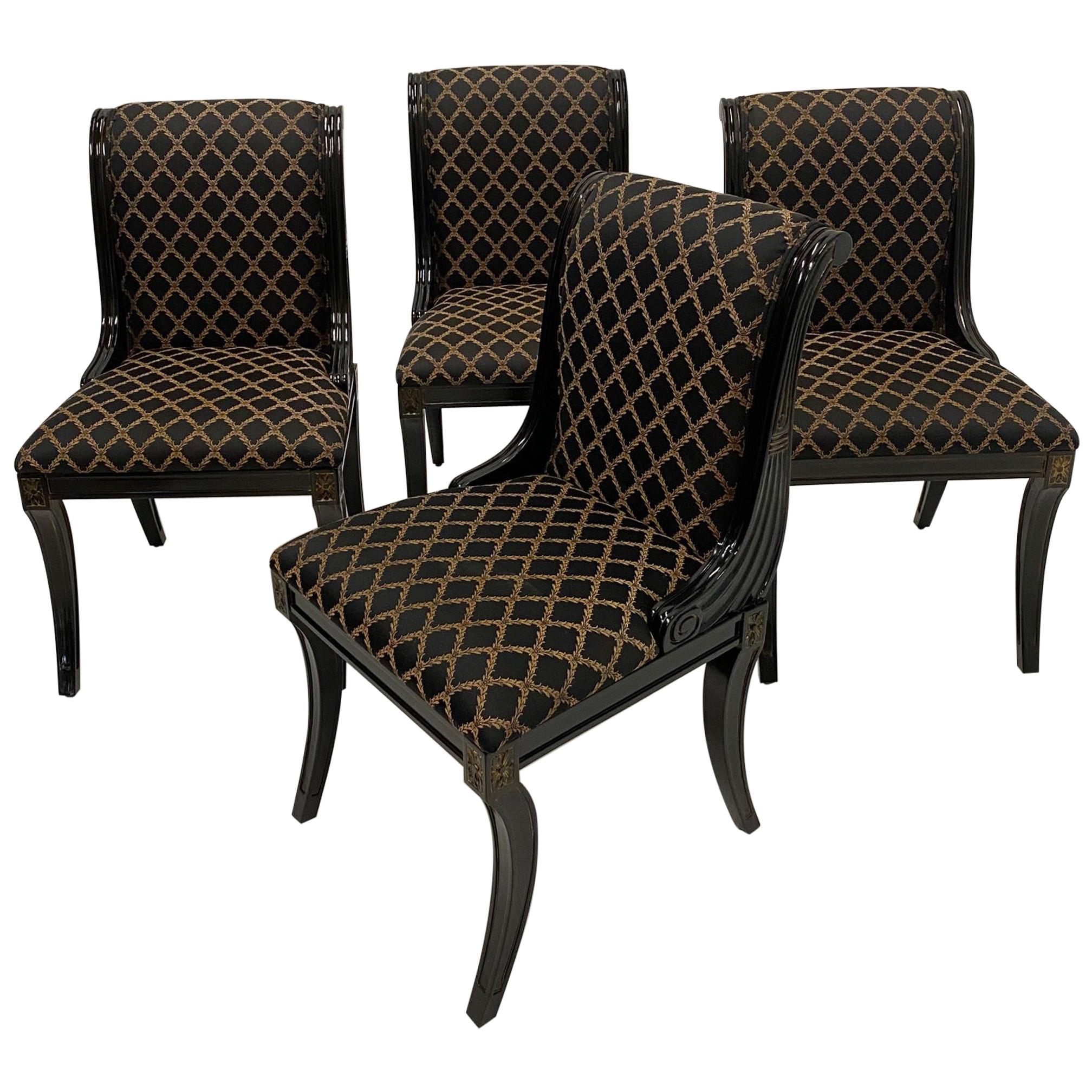 Glamorous Set of 4 Hollywood Regency Ebonized & Gilt Decorated Dining Chairs
