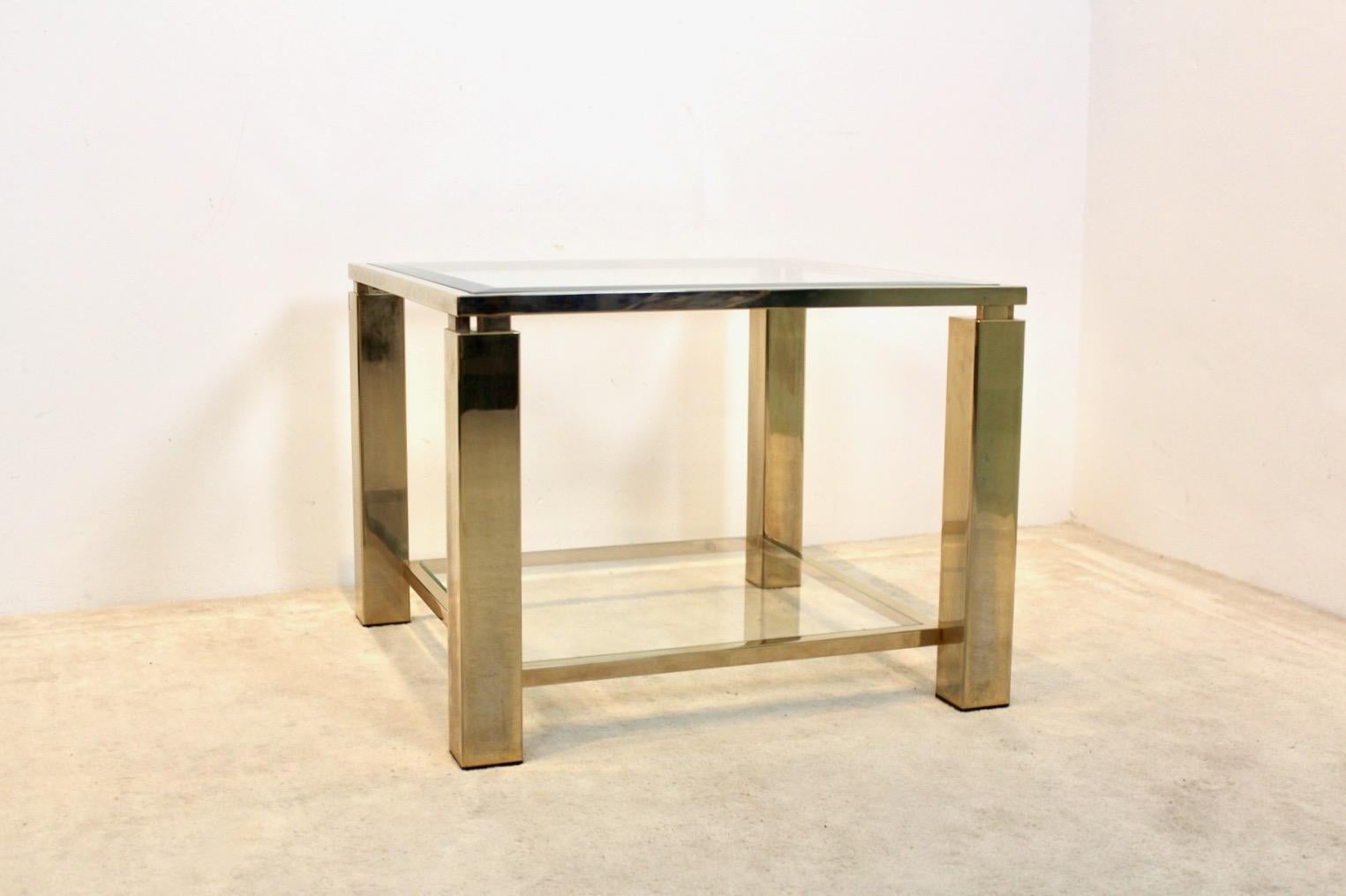 Glamorous Square Belgochrom 23 Ct Gold-Plated Two Tier Glass Side Table For Sale 5