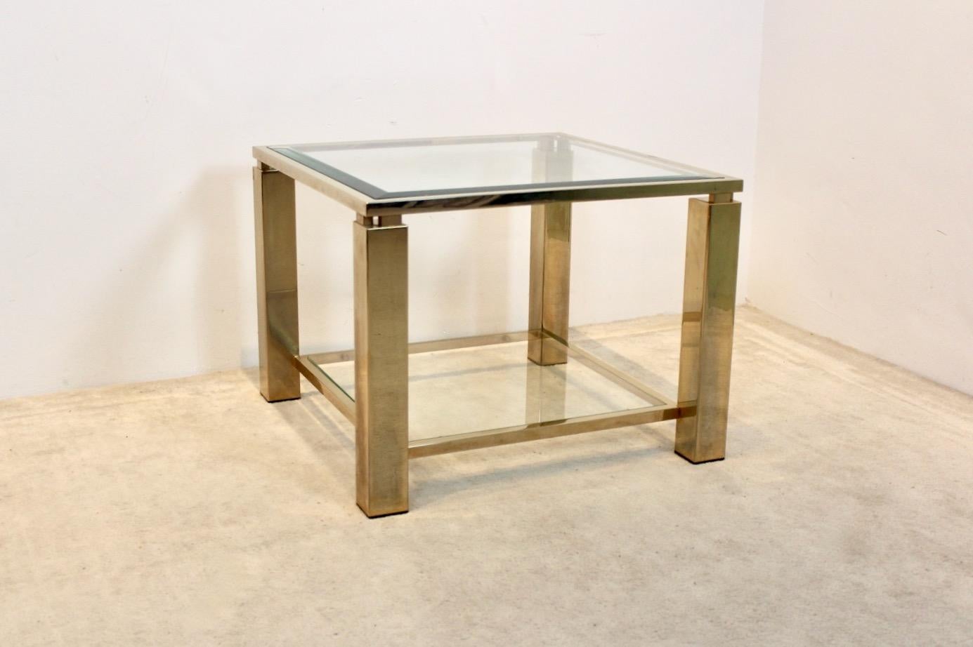 Glamorous Square Belgochrom 23 Ct Gold-Plated Two Tier Glass Side Table In Good Condition For Sale In Voorburg, NL