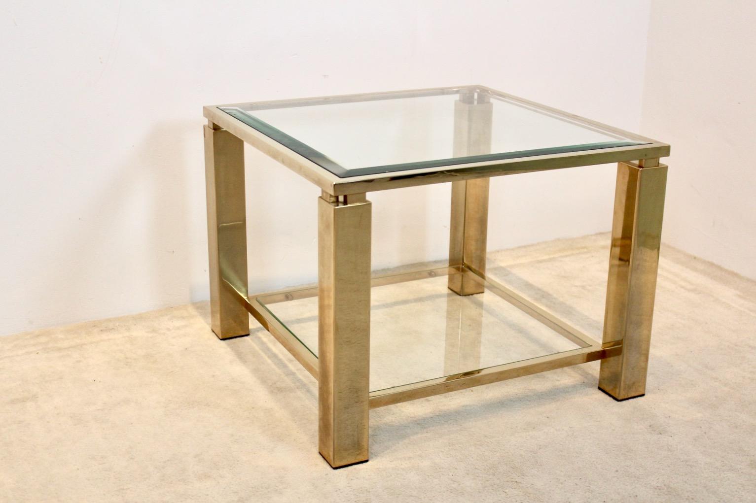 20th Century Glamorous Square Belgochrom 23 Ct Gold-Plated Two Tier Glass Side Table For Sale