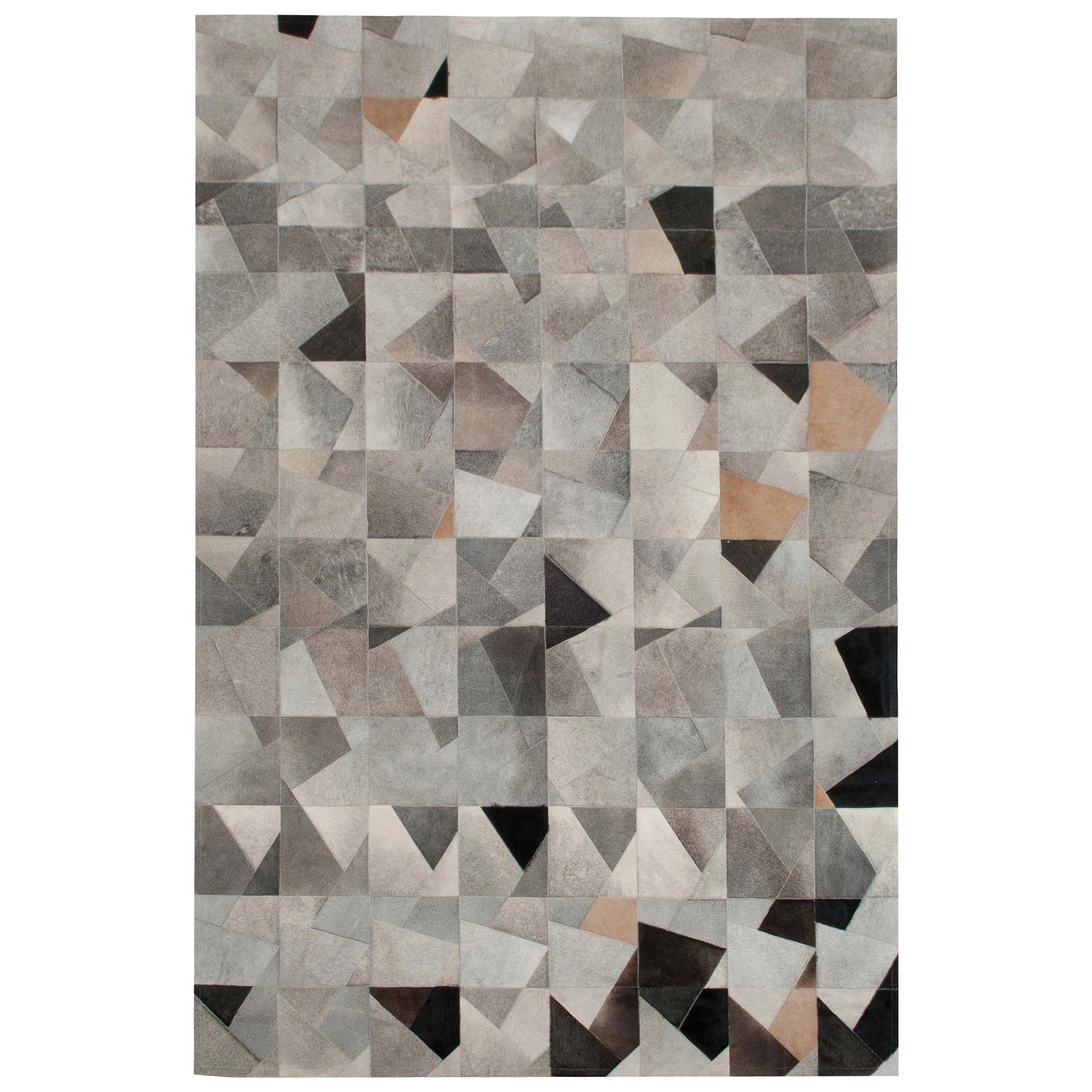 Art Deco Gray black and caramel Faceta Customizable Cowhide Area Floor Rug Small For Sale