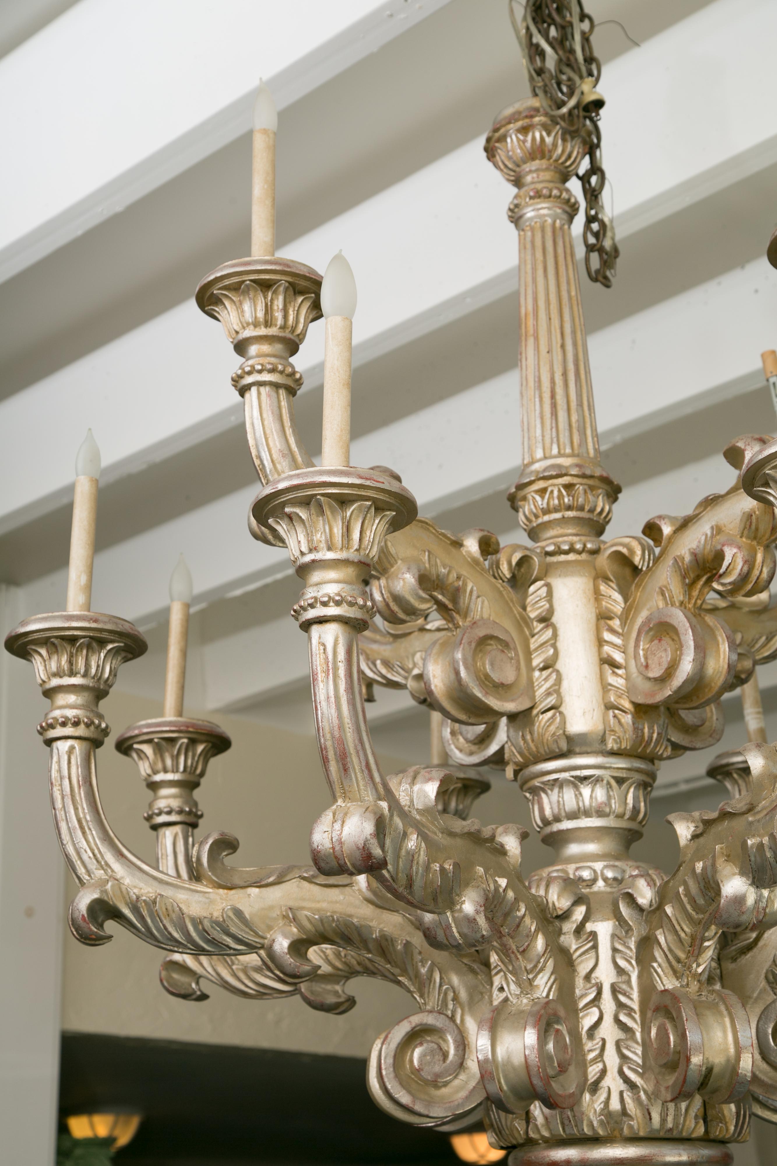 Hand-Crafted Glamorous Twelve-Light Hand-Carved Silver Leaf Chandelier