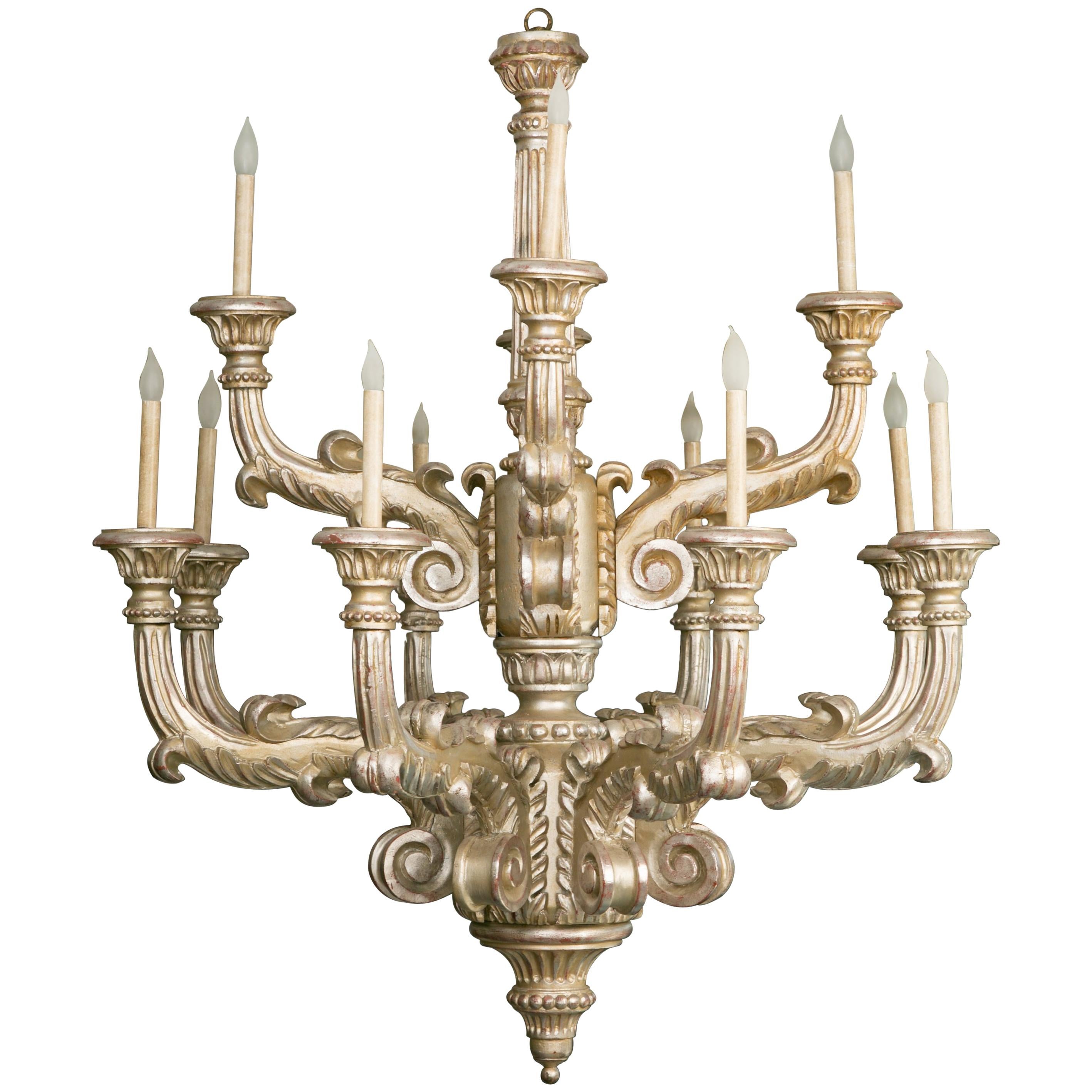 Glamorous Twelve-Light Hand-Carved Silver Leaf Chandelier