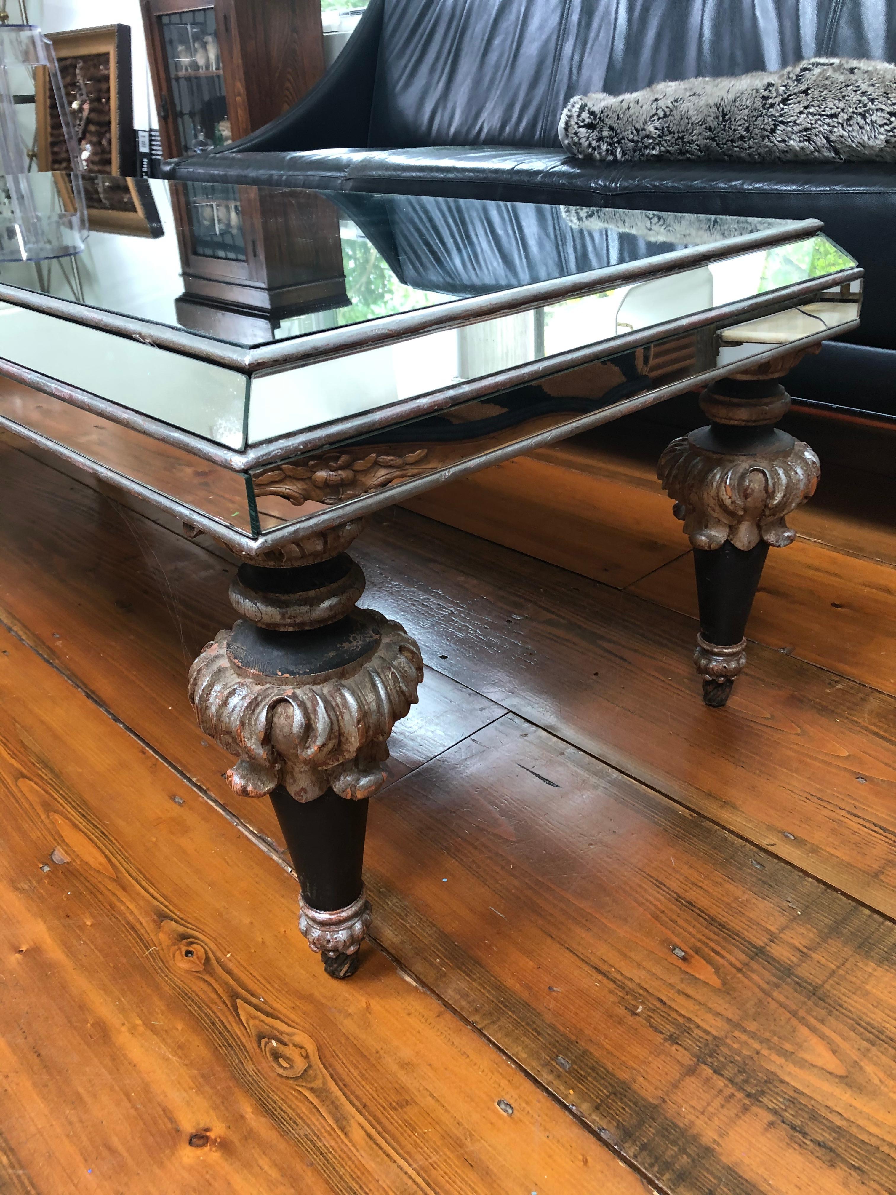 French Glamorous Vintage Mirrored Coffeetable with Splendid Fancy Carved Wood Legs